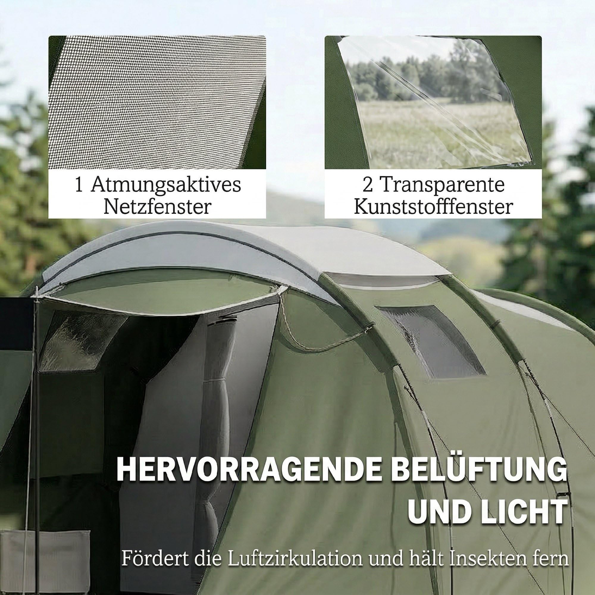 Outsunny Campingzelt für 3-4 Personen stabil wasserdicht Familienzelt mit Schlafkabine Vorraum Wohnbereich Kuppelzelt mit 3000mm Wassersäule Tunnelzelt Zelt für Camping Reise, Grün