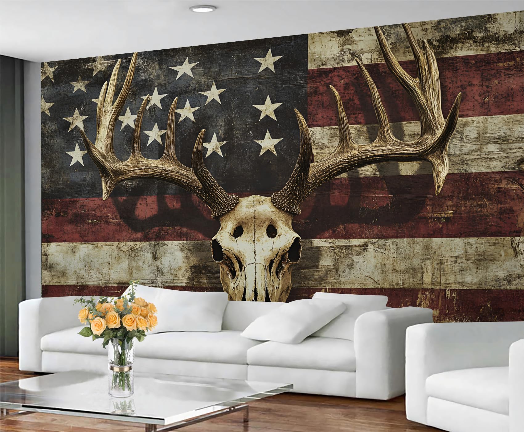 GIVLWF Wallpaper - Rustic Home Decor & Mural, Self Adhesive Wallpaper for Living Room, American Flag Wall Mural, Animal Skulls Bedroom Wall Paper, Peel and Stick