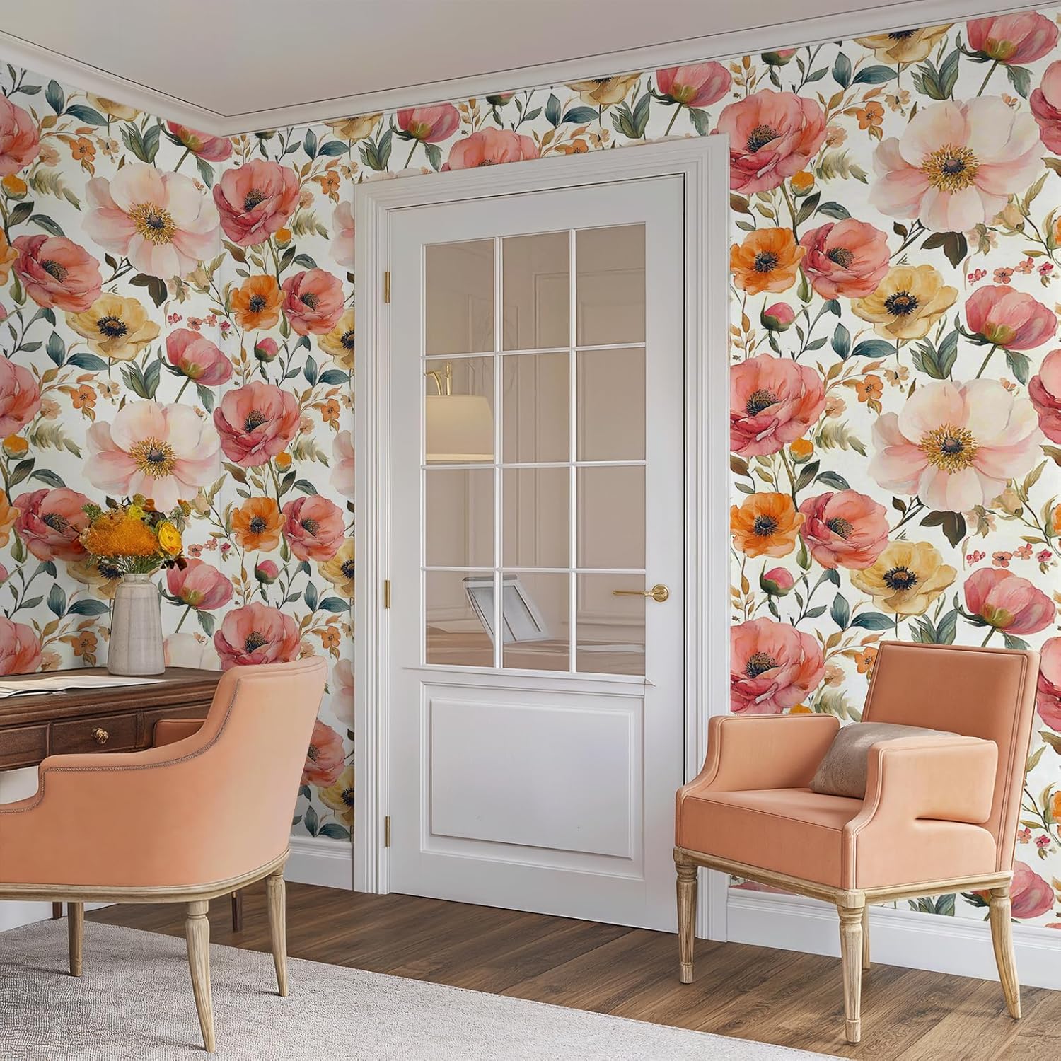 Watercolor Poppy Floral Wallpaper Peel and Stick Removable 17.7" x 236.22" Romantic Vintage Botanical Wall Paper Self Adhesive for Classroom Bedroom Laundry Room Bathroom