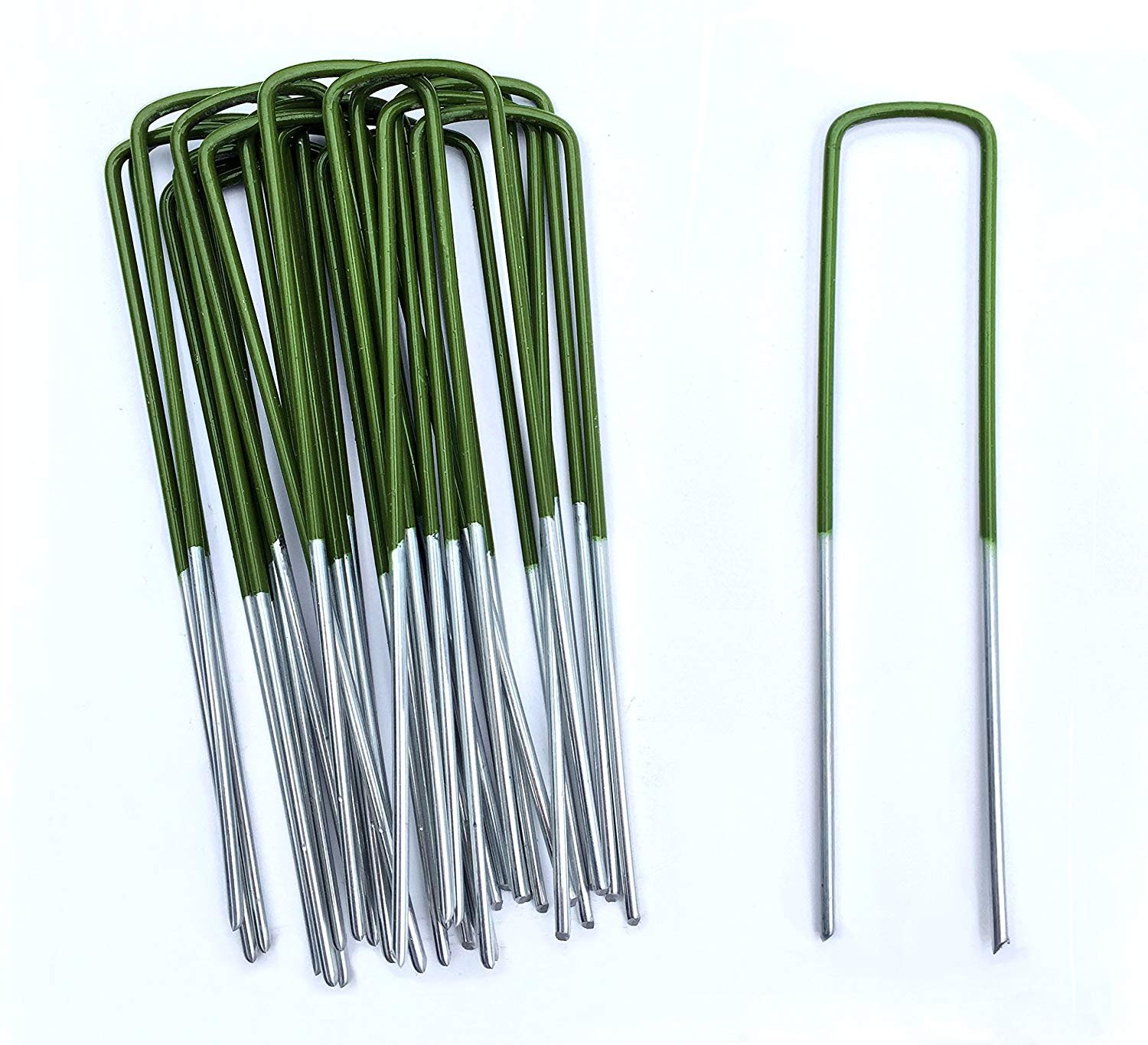 6inch 11Gauge Galvanized Anti-Rust Green PU Coated Top Reusable Heavy-Duty Square-Shaped Garden Securing Pegs (50-Pack)