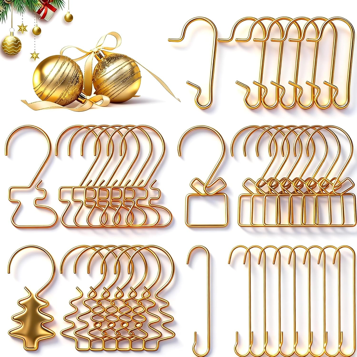 100 Pack Gold (5 Sizes, 20 Each) Ornament Hooks for Christmas, Essential Christmas Ornament Hangers, Perfect Xmas Ornament Hangers for Tree Decoration