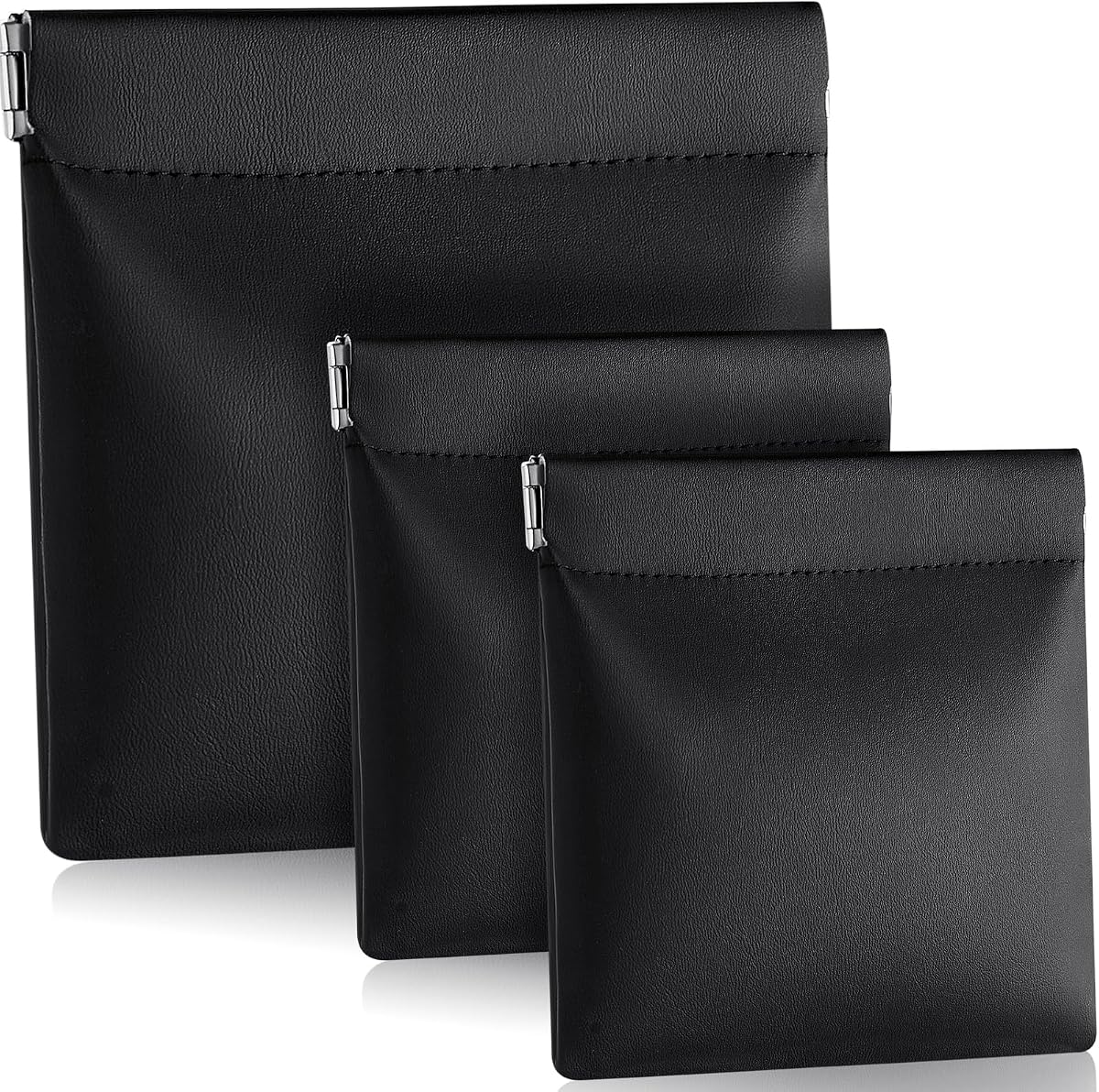 3 Pcs PU Leather Coin Purse Black Change Holder No Zipper Coin Pouch Self Closing Pouch Change Purse Bag for Men, 2 Size