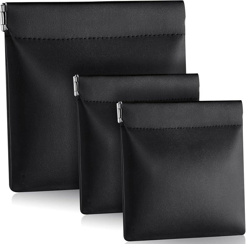 3 Pcs PU Leather Coin Purse Black Change Holder No Zipper Coin Pouch Self Closing Pouch Change Purse Bag for Men, 2 Size
