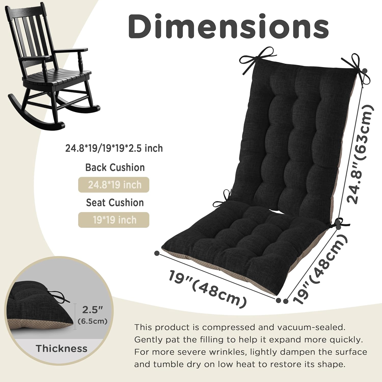AddGrace Non-Slip Rocking Chair Cushion Extra Large Linen Thick Chair Pads Durable High Back Seat Cushions with Ties Set of 2 Black
