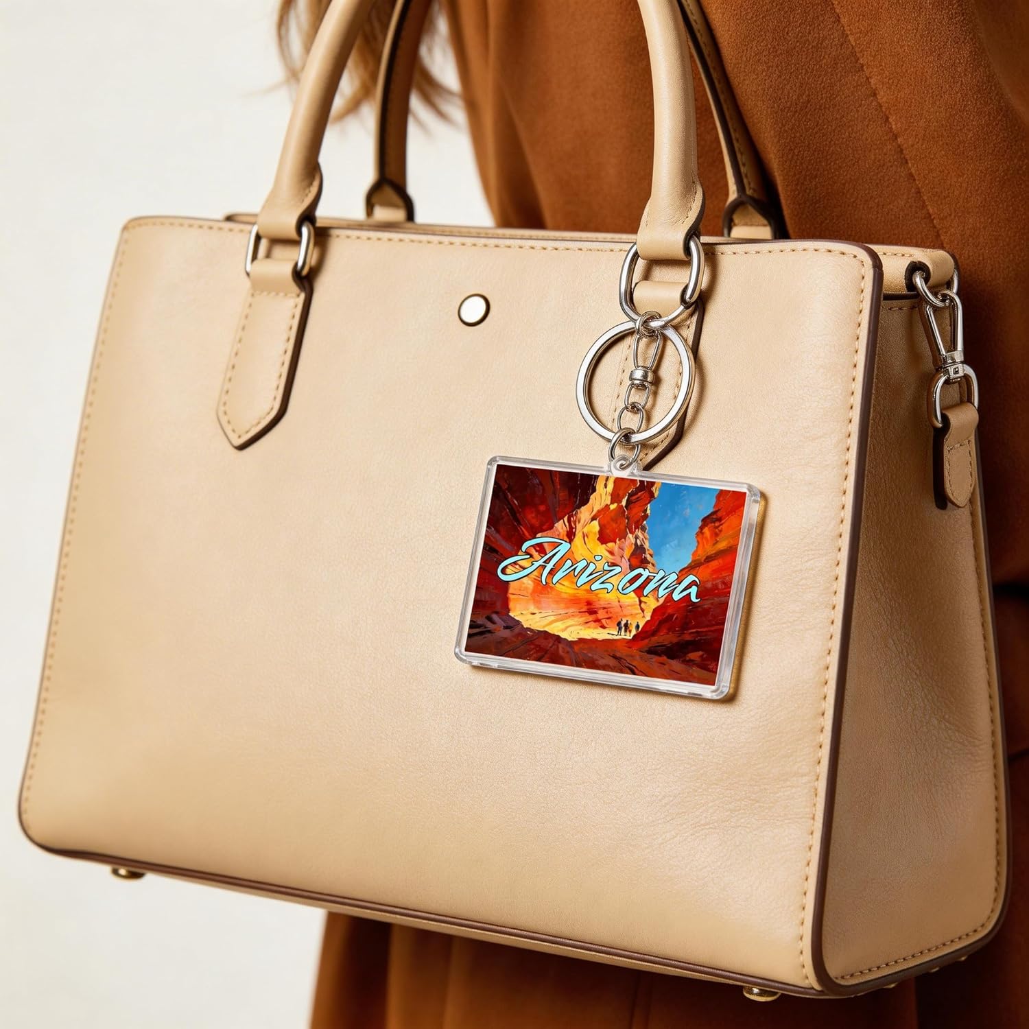 Arizona Souvenir Keychain, Acrylic, Rectangle, 1.97 x 1.57 Inches, Scenic Canyon Illustration with Metal Key Ring