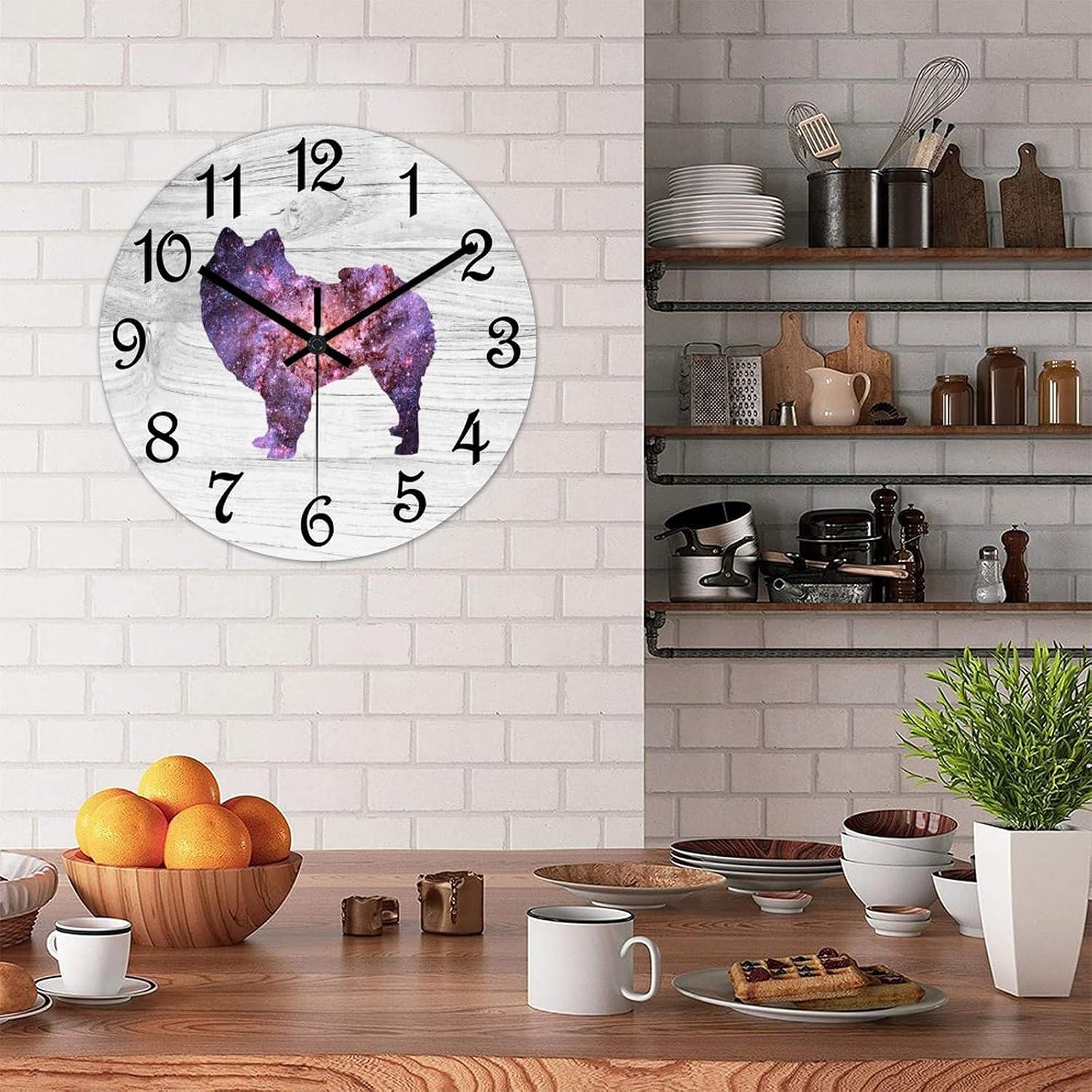 Pomeranian Round Wooden Clock for Wall Decor Dog Lover Farmhouse Wall Clock 15 Inch Silent Non-Ticking Wood Clock for Office Classroom Wall Art
