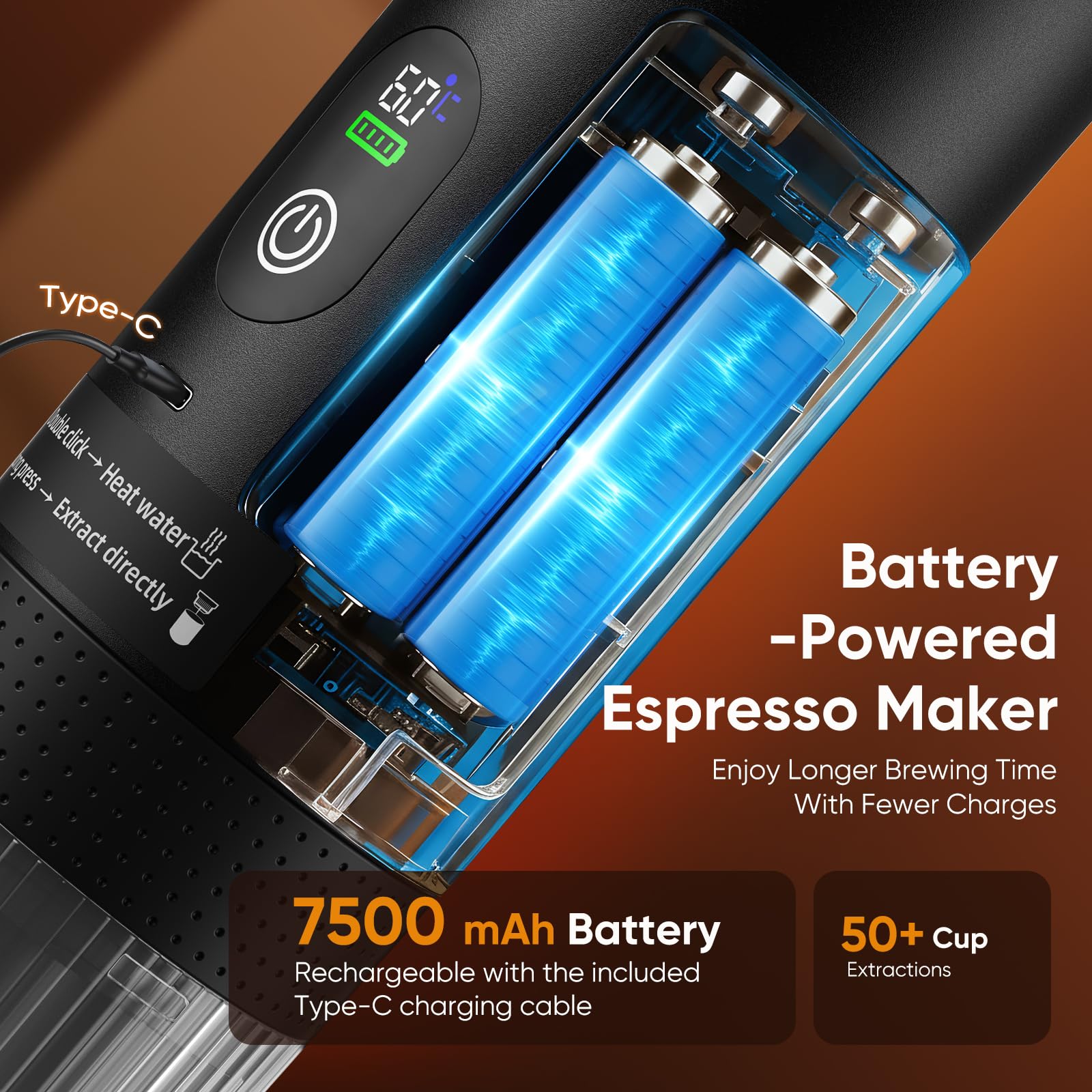 GJCrafts Macchina Caffe Portatile, Caffettiera Portatile 3-in-1 con batteria 7500 mAh,20 Bar, Autoriscaldante,USB-C,Piccola Macchina da Caffè 3 in 1 con Caffè Macinato e Capsule (NS & DG) per Camper - 4