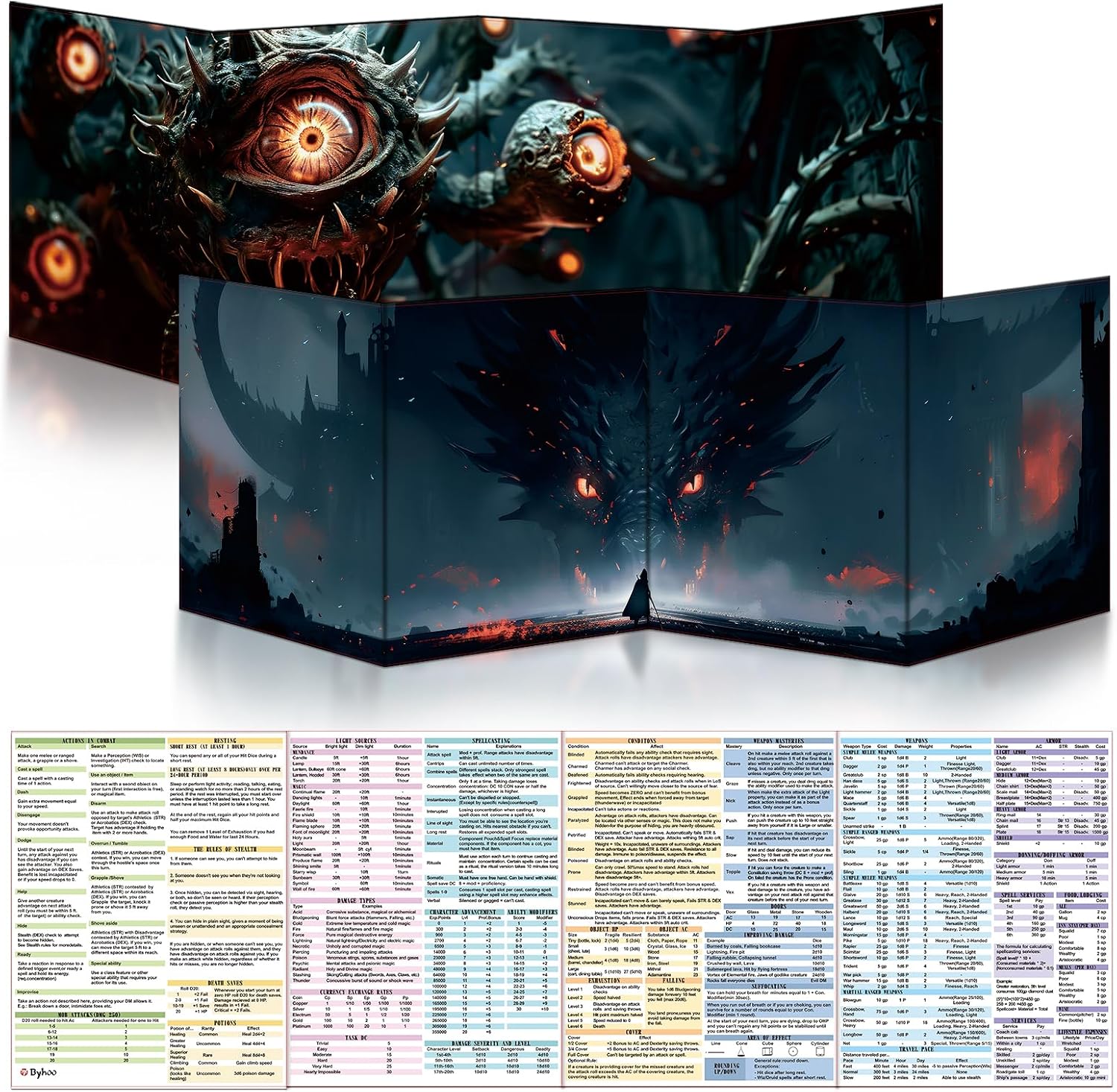 Byhoo 2 PCS DM Screen for D&D 5E with 2 Immersive Themes，Waterproof Reusable Surface, Tri-Fold Portable Design Folds to A4 Size DND Accessories Compatible with Players Handbook