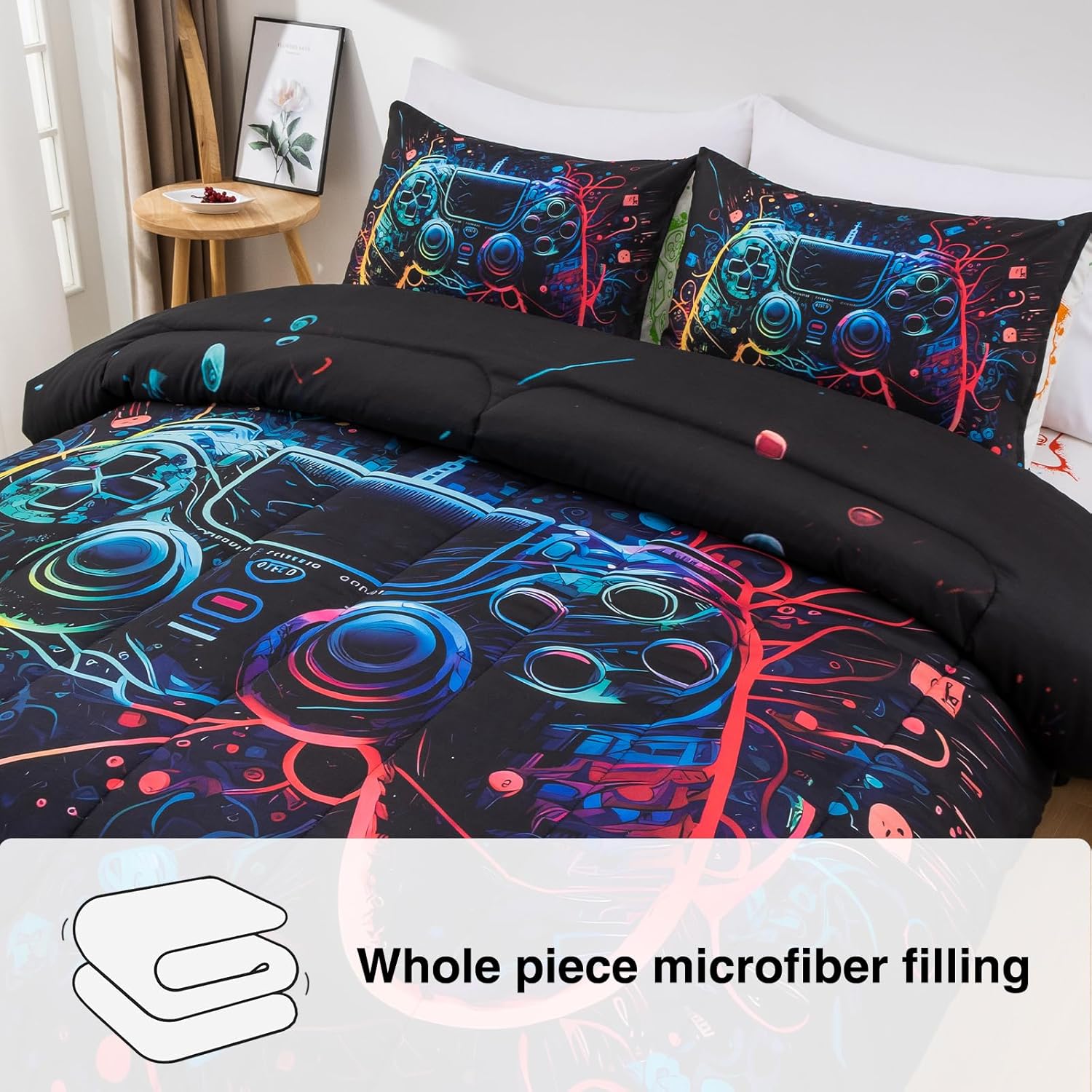 A Nice Night Boys Twin Size 5-Piece Game Console Comforter Set, for Kids Teen 3D Colorful Background Space Universe Gamepad Gaming Printed Matching Sheet Sets - Image 7