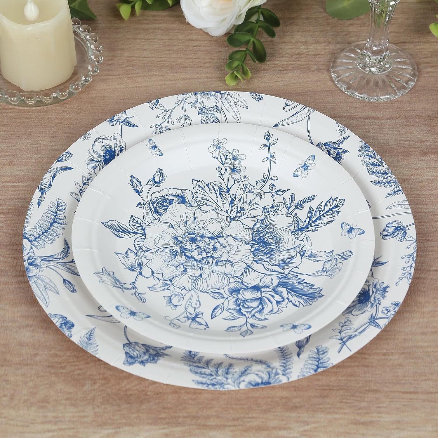 Efavormart 50-Piece White and Blue French Toile Paper Plate Set, Serves 25 Guests, Vintage Disposable Dinner and Salad Plates for Coastal Events
