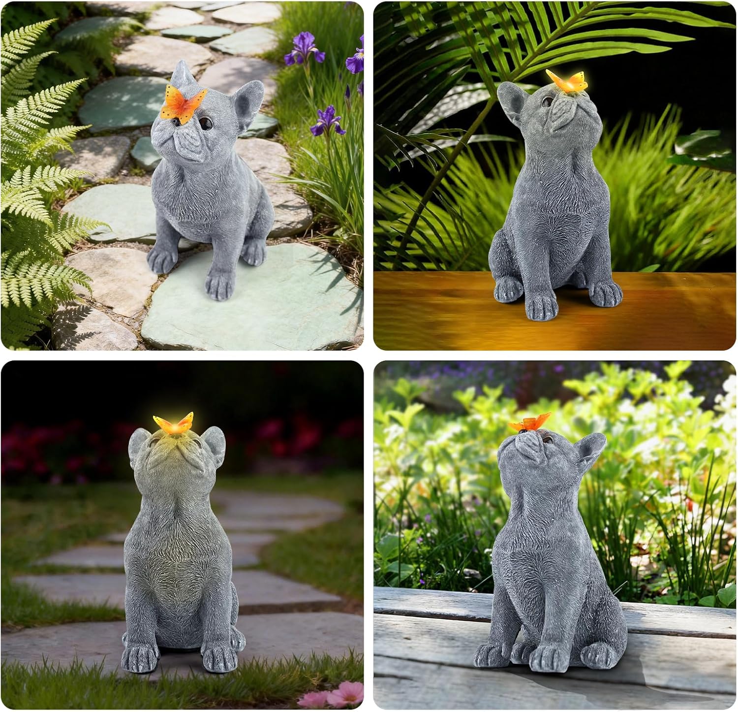 Dog Statue with Solar Butterfly, Cute French Bulldog Garden Statue Outdoor Decor for Outside Yard Lawn Patio Porch, Resin Garden Art Home Decorations Figurine, Dog Lovers Gifts for Women Mom