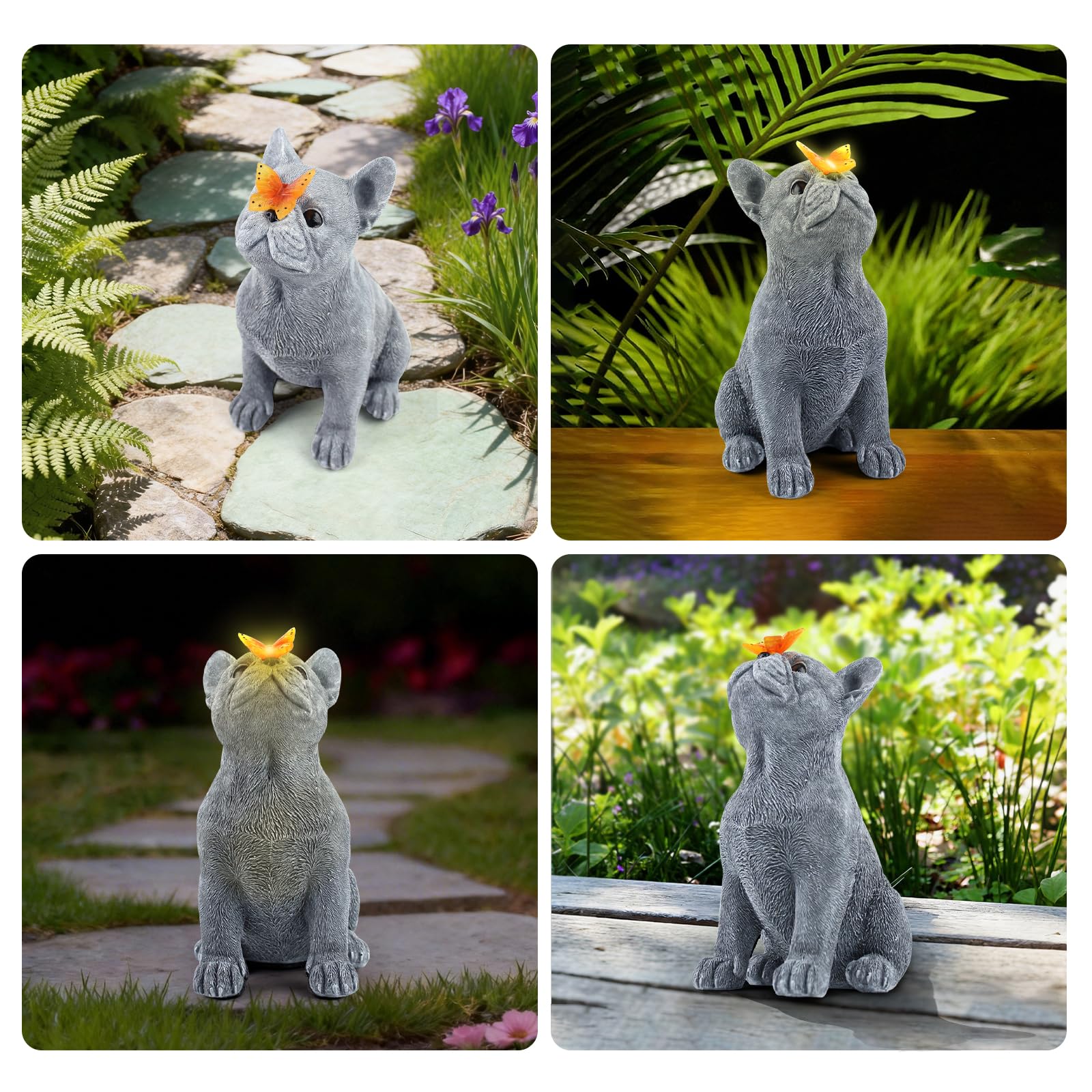 Statua a forma di cane con farfalla solare, simpatica statua da giardino a forma di bulldog francese, decorazione per esterni per cortile, prato, veranda, giardino in resina, decorazione per la
