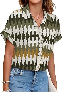 Poplab Hawaiian Button Down Shirts for Women Floral Short Sleeve Casual Beach Shirts Office Blouse Tops(Zigzag Stripes,L)