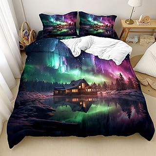 Ydtwnyq 3D Aurora Bedding Set Green Purple Aurora Velvet Duvet Cover Set, Forest Houses Lakes Aurora Natural Landscape Bedding for Boys Girls with 2 Pillow Cases, King