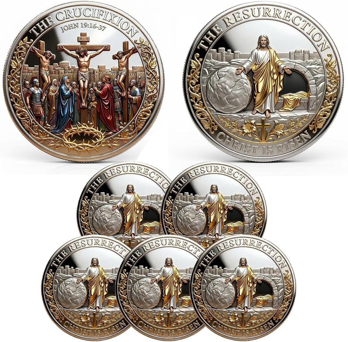 The Crucifixion of Jesus Christ Commemorative Coin, Christ is Risen Resurrection Challenge Coin, Double-Sided Empty Tomb & Crown of Thorns Token, Christian Religious Gift for Believers (5PCS)