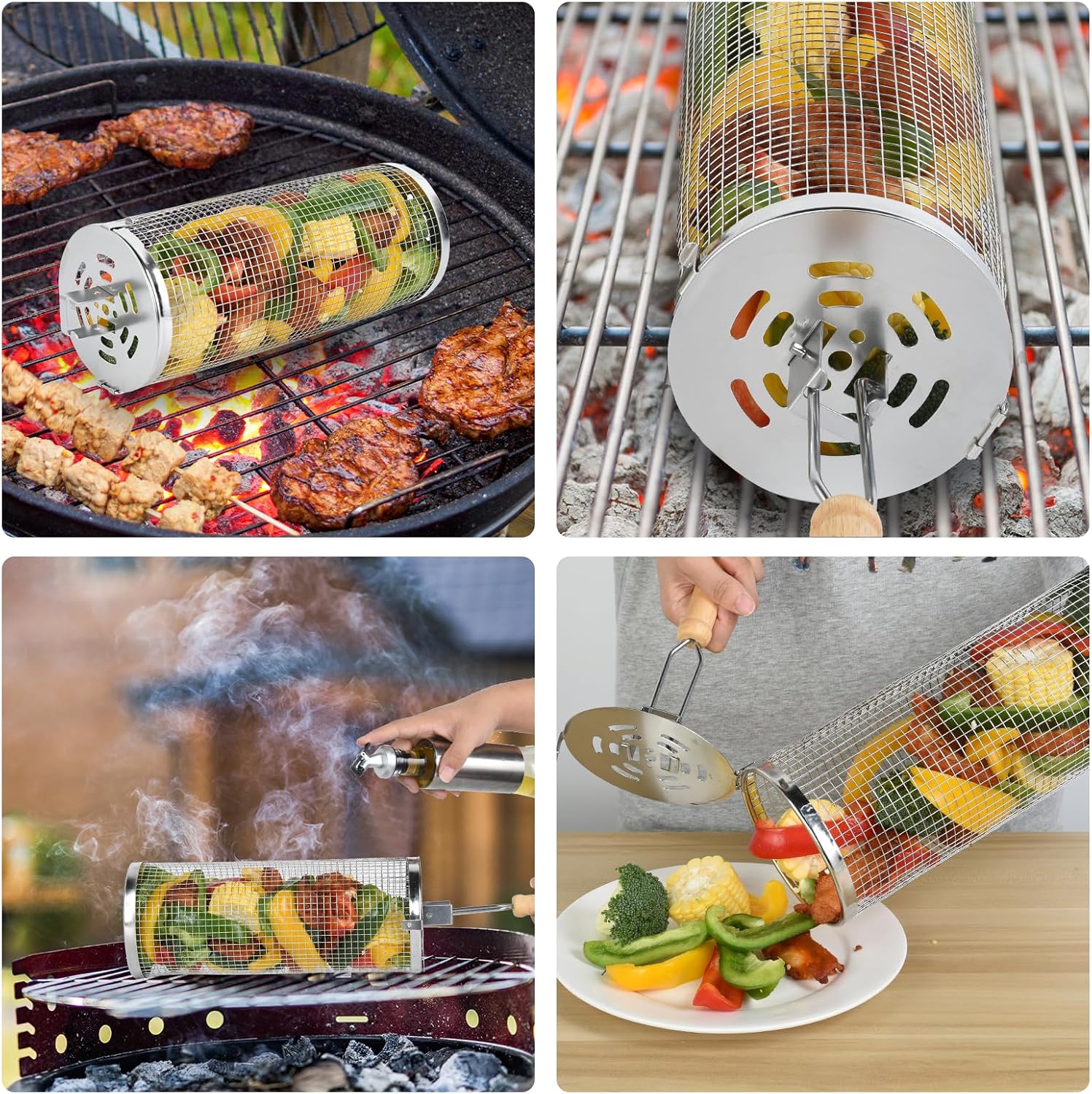 Rolling Grill Baskets 2PCS, 304 Stainless Steel Grill Basket with Removable Wooden Handle, Portable BBQ Grilling Basket for Fish Vegetables (11in,8in), Outdoor Barbecue Accessories - Ideal Gifts for Men Dad Husband image 5