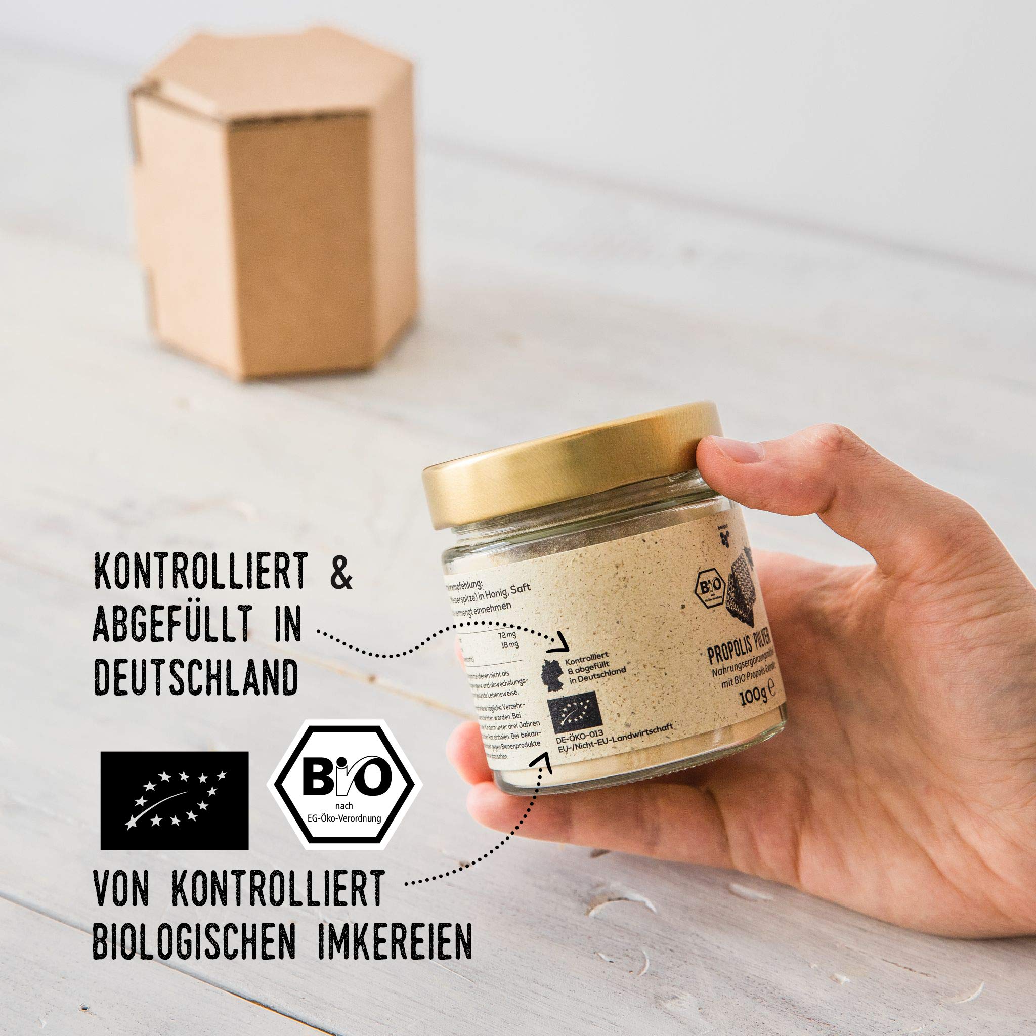 beegut BIO Propolis Pulver, zur Einnahme oder Herstellung eigener Produkte, 100g Propolispulver aus kontrolliert biologischem Anbau, nachhaltige Verpackung