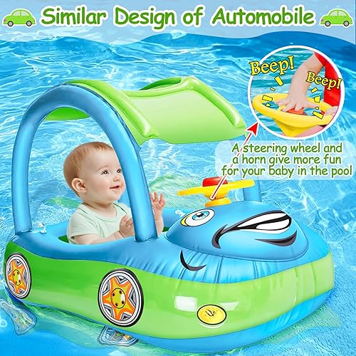 Miniatura 3 de iGeeKid Flotador inflable de piscina para bebé con toldo, asiento de seguridad para bebé, flotadores de natación en forma de automóvil, flotadores