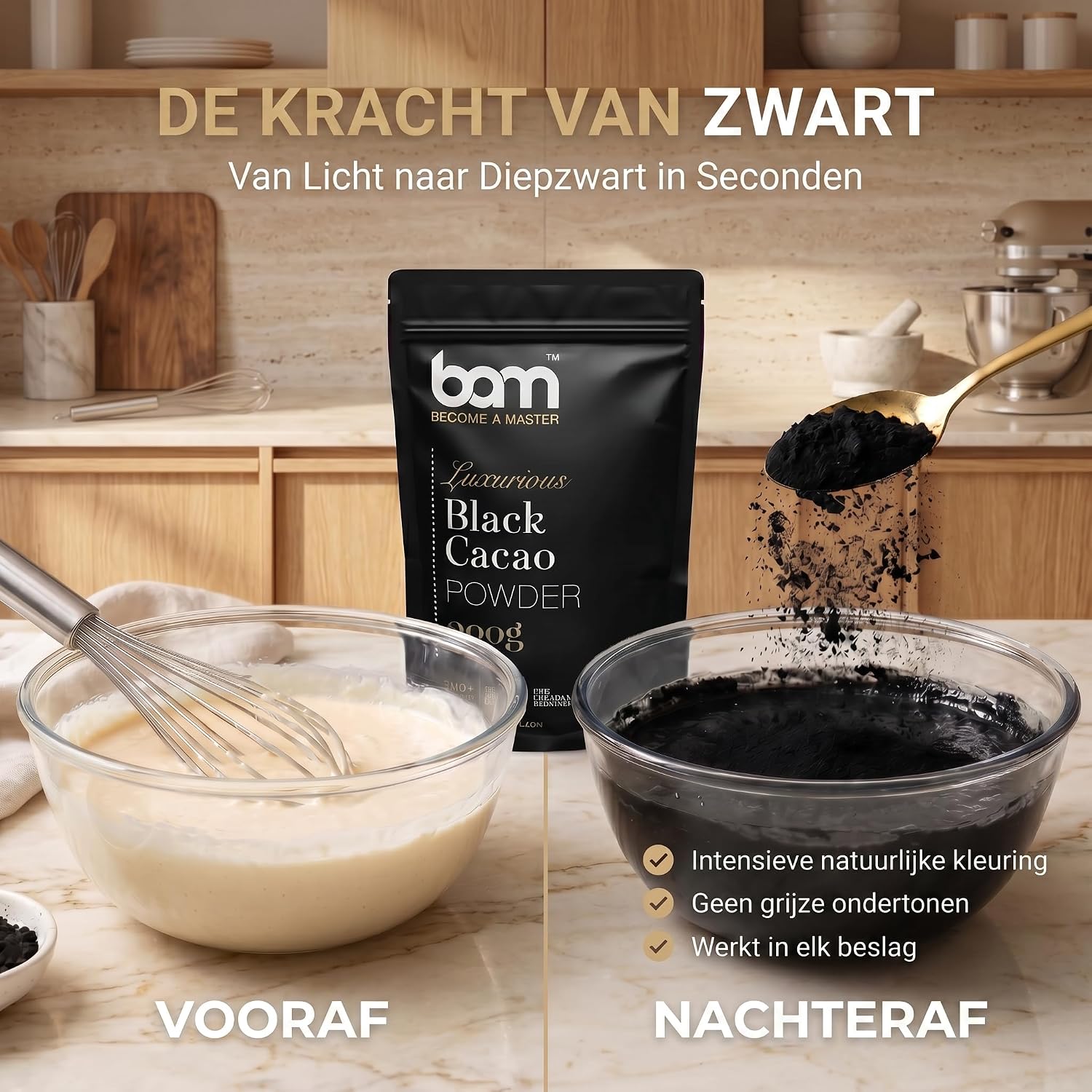 BAM Zwart Cacaopoeder, 200 g – Intens Zwart Cacao voor Bakken & Decoreren – Ideaal voor Ca - Mise en situation et utilisation