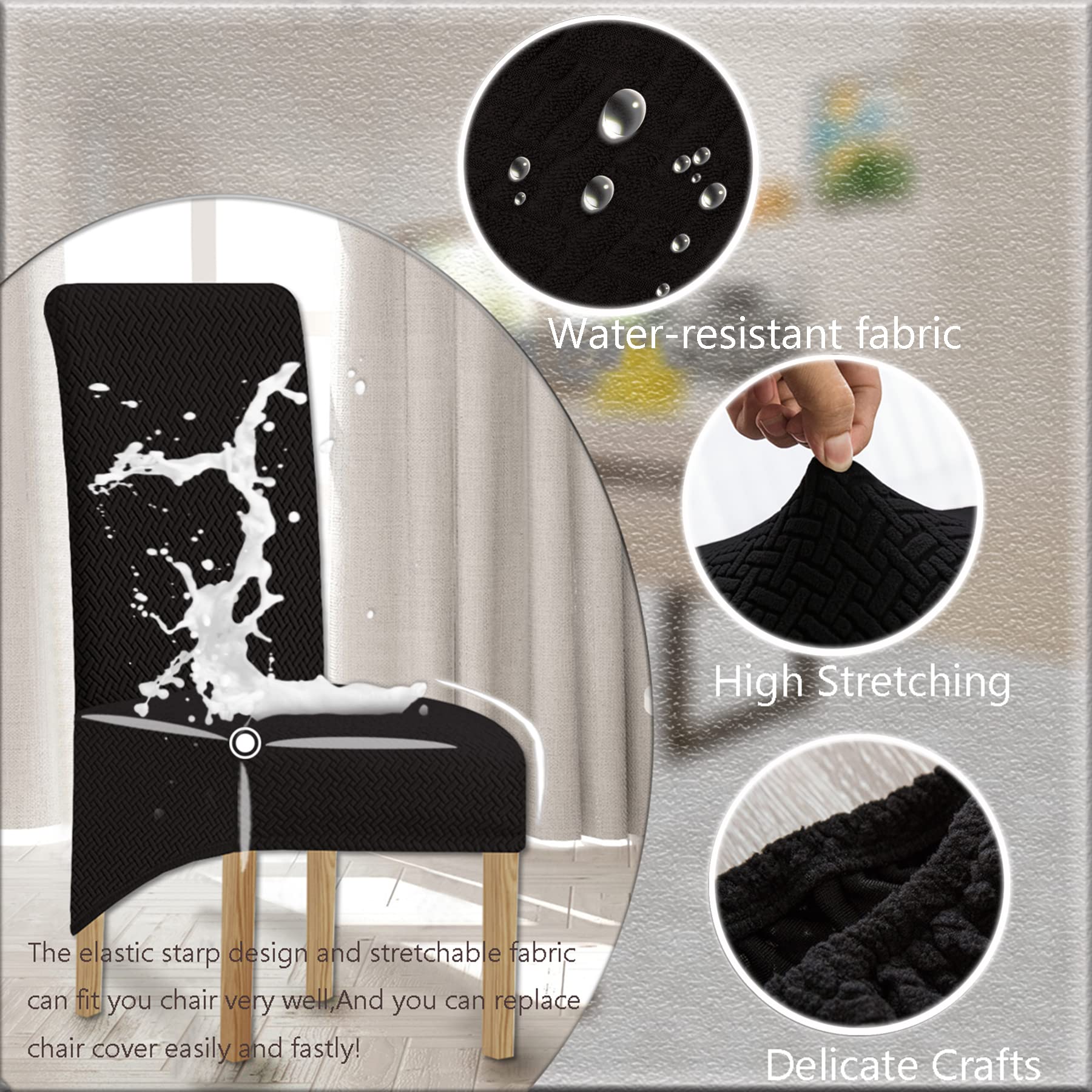 Spandex Elástico Jacquard Fundas de Sillas Comedor XL para El Hogar (Negro1, 4 Piezas)