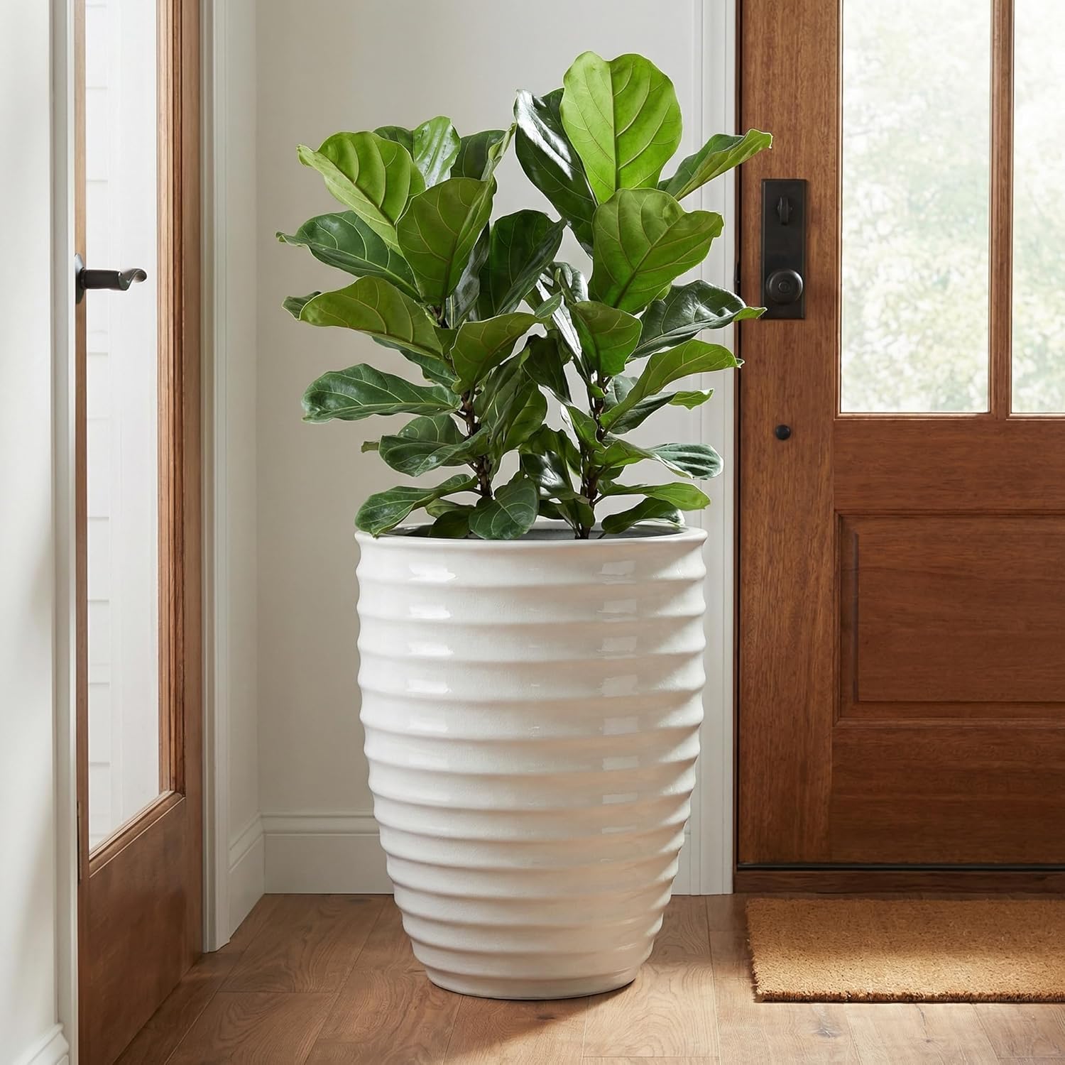 16.5 Inch Large Ceramic Planter, Tall Plante Pots Decorative Flower Pot with Horizontal Ripples & Ice-Crack Pattern and Drainage, Indoor & Outdoor Planters for Fiddle Leaf Fig, Milk White