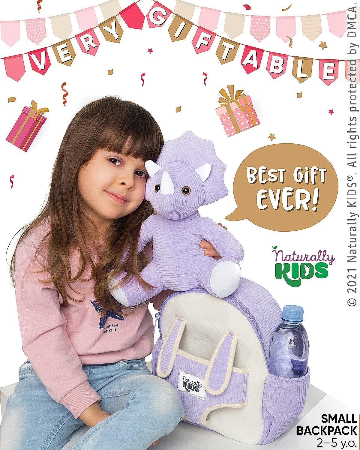 Naturally KIDS Purple Dinosaur Toys for Girls, Triceratops Toy, Dinosaur Gifts for 2 3 Year Old Girls, Toddler Backpack