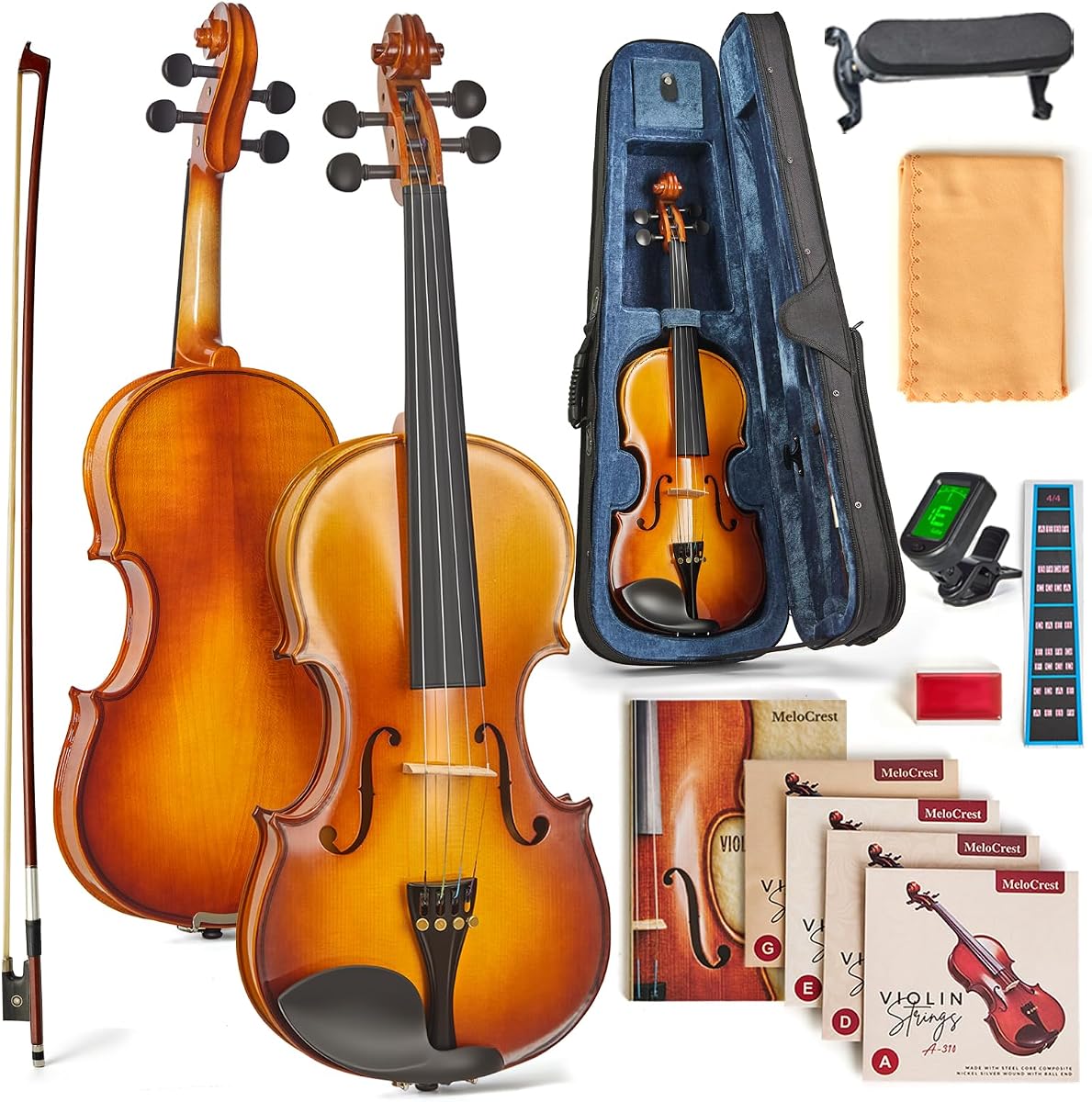 4/4 Full Size Acoustic Violin Set for Adult Beginners, Solid Spruce and Maple, Natural Gloss Finish, Brazilwood Bow, Hard Case, Tuner, Shoulder Rest, Rosin, Extra Strings