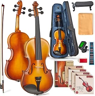 4/4 Full Size Acoustic Violin Set for Adult Beginners, Solid Spruce and Maple, Natural Gloss Finish, Brazilwood Bow, Hard Case, Tuner, Shoulder Rest, Rosin, Extra Strings