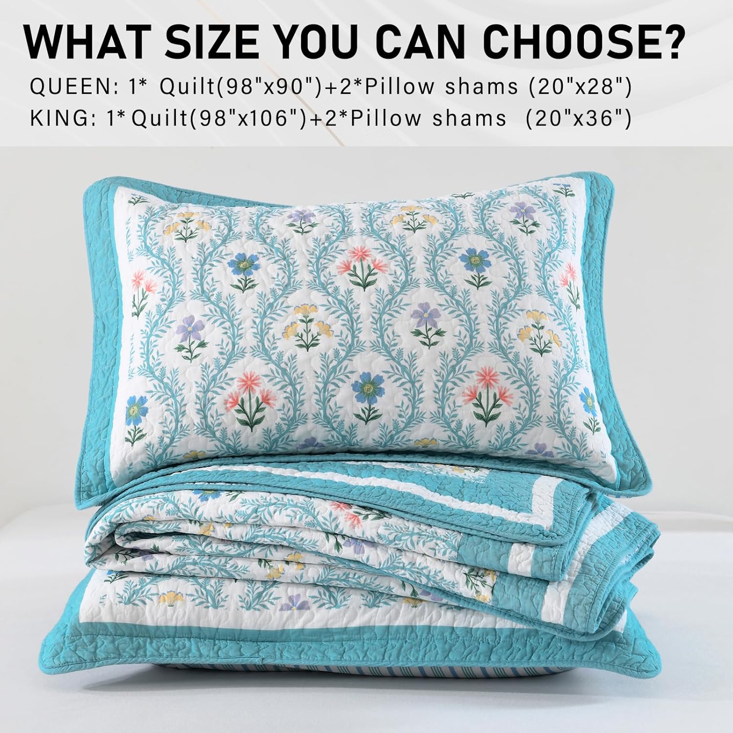 PERHOM 100% Cotton King Quilt Set, Farmhouse Floral Reversible Pattern, Lightweight Soft Quilted Bedspread, Thin Comforter Bedding Set for King Bed, 3 Piece, All Season, Teal/White