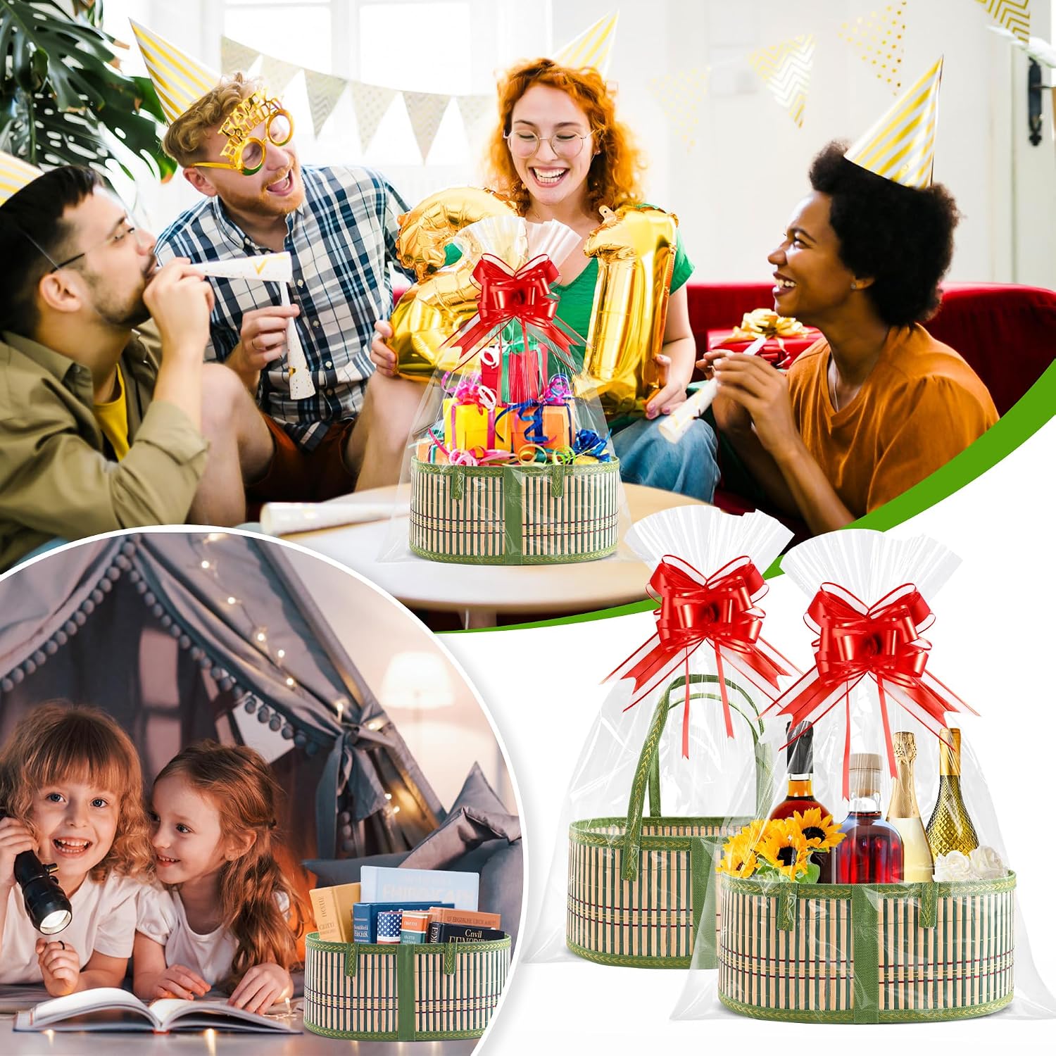 2 Set Baskets for Gifts Empty, Woven Bamboo Gift Basket with Handles, Empty Gift Baskets to Fill for Parties, Weddings, Anniversaries, Christmas