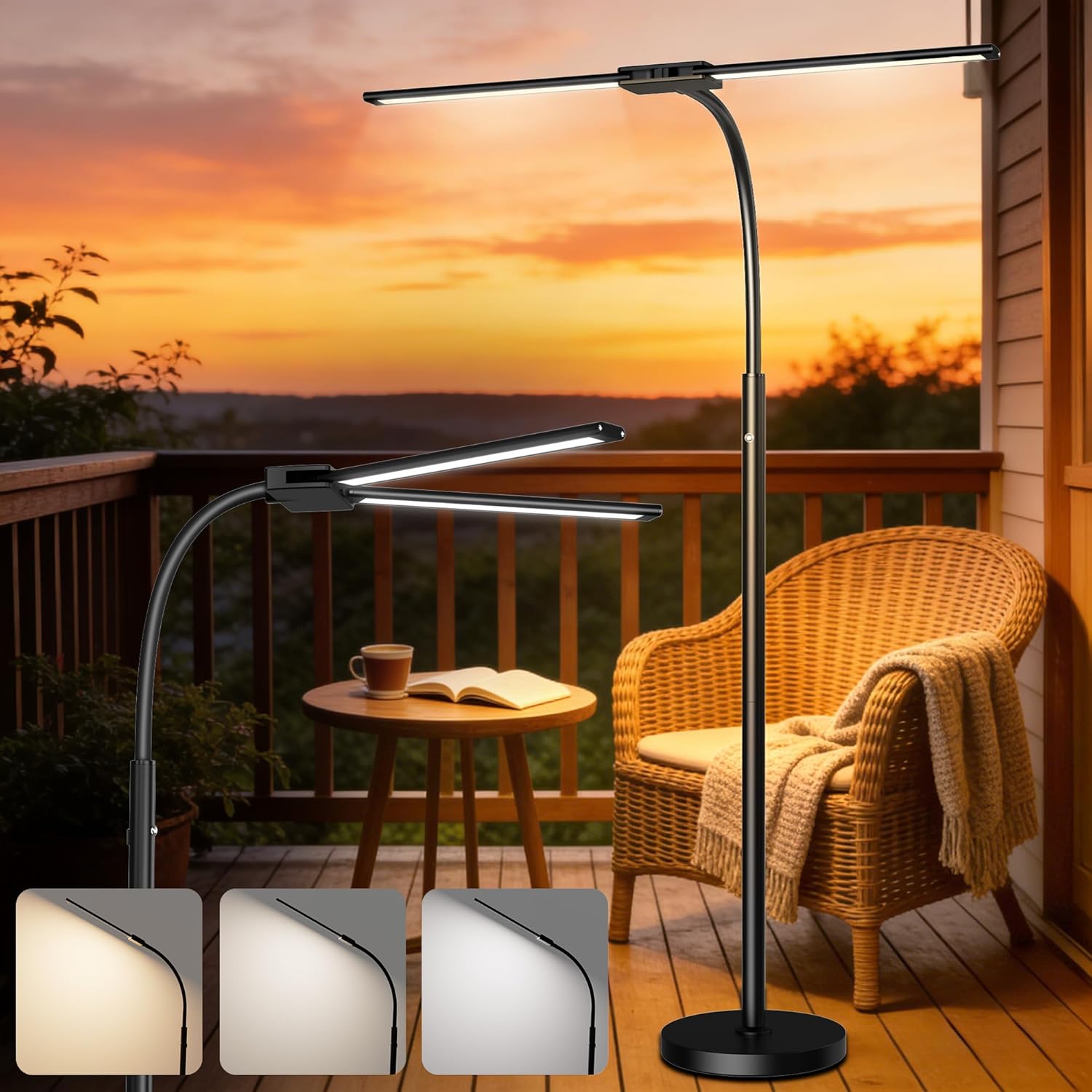 Rechargeable Floor Lamp Cordless with 8000mAh Battery, 15W Dual Head Adjustable Gooseneck LED Reading Lamp, Battery Operated Cordless Floor Lamp for Home, IP54 Rated