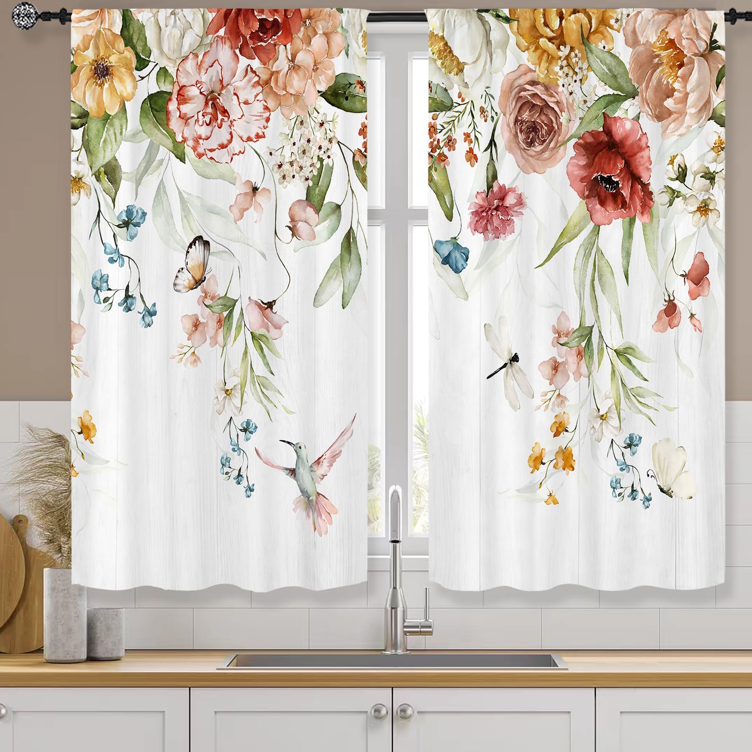 Amazon.com: Famiffty Watercolor Floral Blossom Kitchen Curtains Rod ...