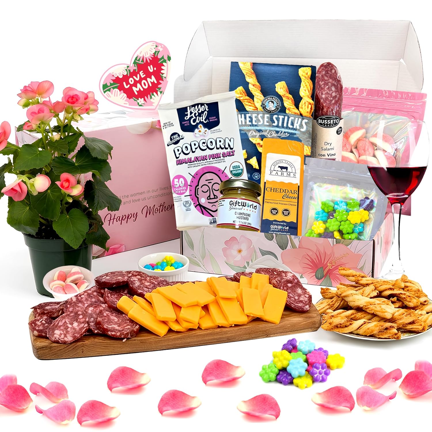 Happy Mothers Day Gifts Basket for Mom - Meat and Cheese Gift Basket with Dry Salami, Cheddar, and Cheese Twists, Charcuterie Food Items Assortment for Mom, Food Gifts for Women, Mothers, Grandma, Mother in Law, Step Mother, Mothers day food package