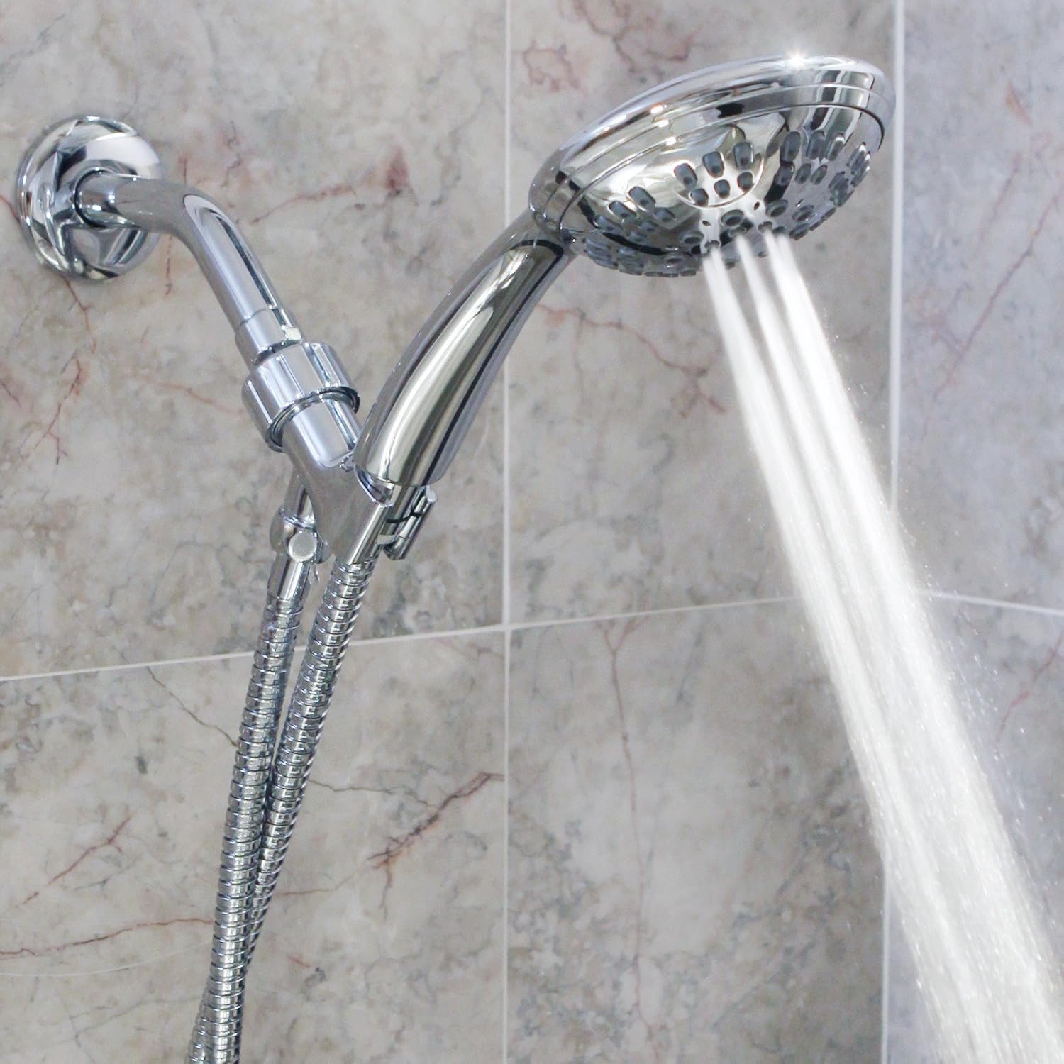 6 Function Handheld Shower Kit + Arm - Adjustable High Pressure Removable Hand Held Showerhead With Mount And Stainless Steel Hose + 6 Inch Shower Arm And Flange, 1.8 GPM - Chrome