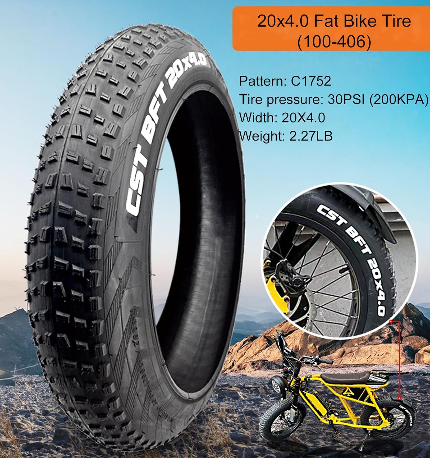 20x4.0 Fat Bike Tire, Replacement Bike Tires with Tube, Foldable Snow Bicycle Tires Kit, High-Performance Puncture Resistant Fat Tire for E-Bikes Mountain Bikes, Bike Tire for Street or Trail Riding 20x4.0 2