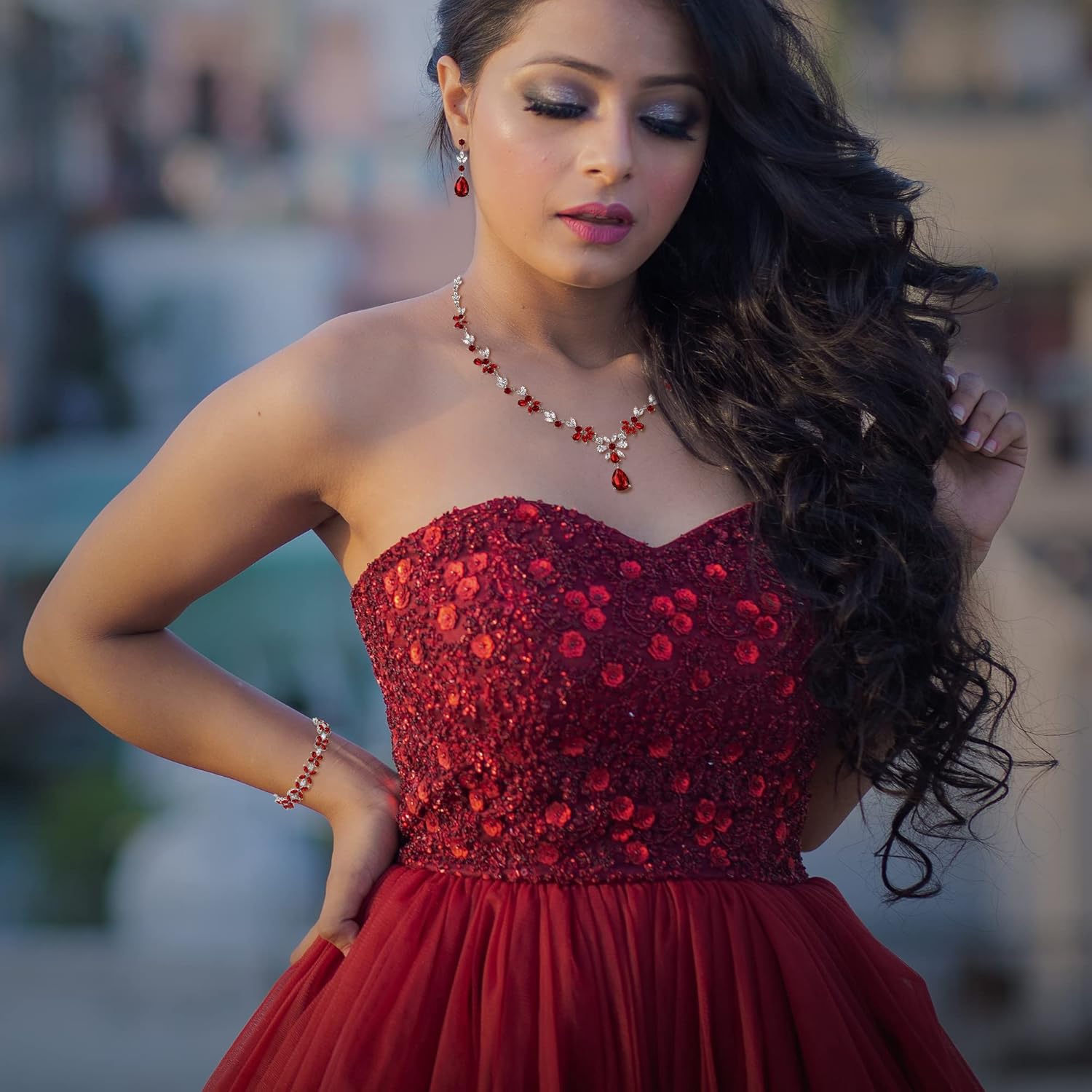 Crysdue Wedding Jewelry Set for Women, Floral Leaf Vine Teardrop Necklace Dangle Earrings Bracelet and Hair Comb, Cubic Zirconia Elegant Party Prom Jewellery for Bridal Bridesmaid - Image 2