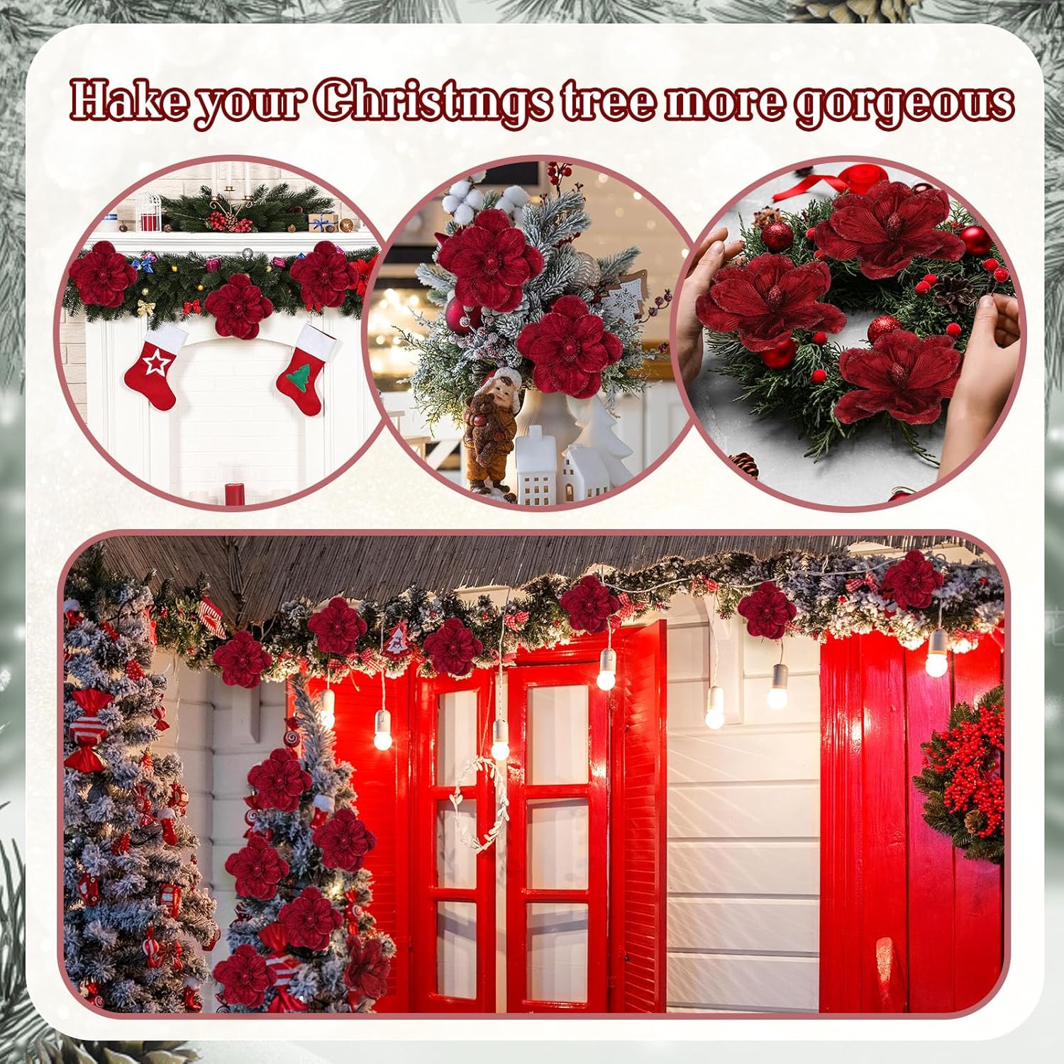 18 Pcs Large Velvet Christmas Poinsettia Magnolia Flowers Ornaments Glitter Big Heads Artificial Magnolia Flowers for Decoration Wedding Decor Supplies(Red)