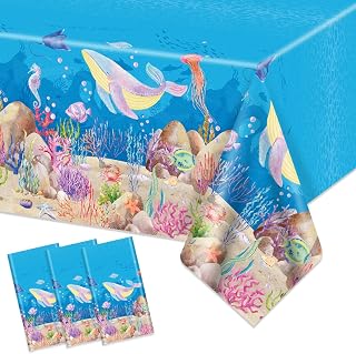 3 PCS Under the Sea Party Tablecloth Ocean Sea Birthday Decorations Table Cover Underwater World Plastic Rectangle Birthday Tablecloth for Ocean Animal Baby Shower Party Supplies, 54 x 108 Inch