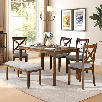 Zevemomo 6-Piece Wooden Dining Table Set, Wooden Legs Dining Table, Walnut | Dining Table Set for 6, Including 1 Dining Table, 4 Upholstered Chairs and 1 Bench, Table Set for Dining Room & Kitchen