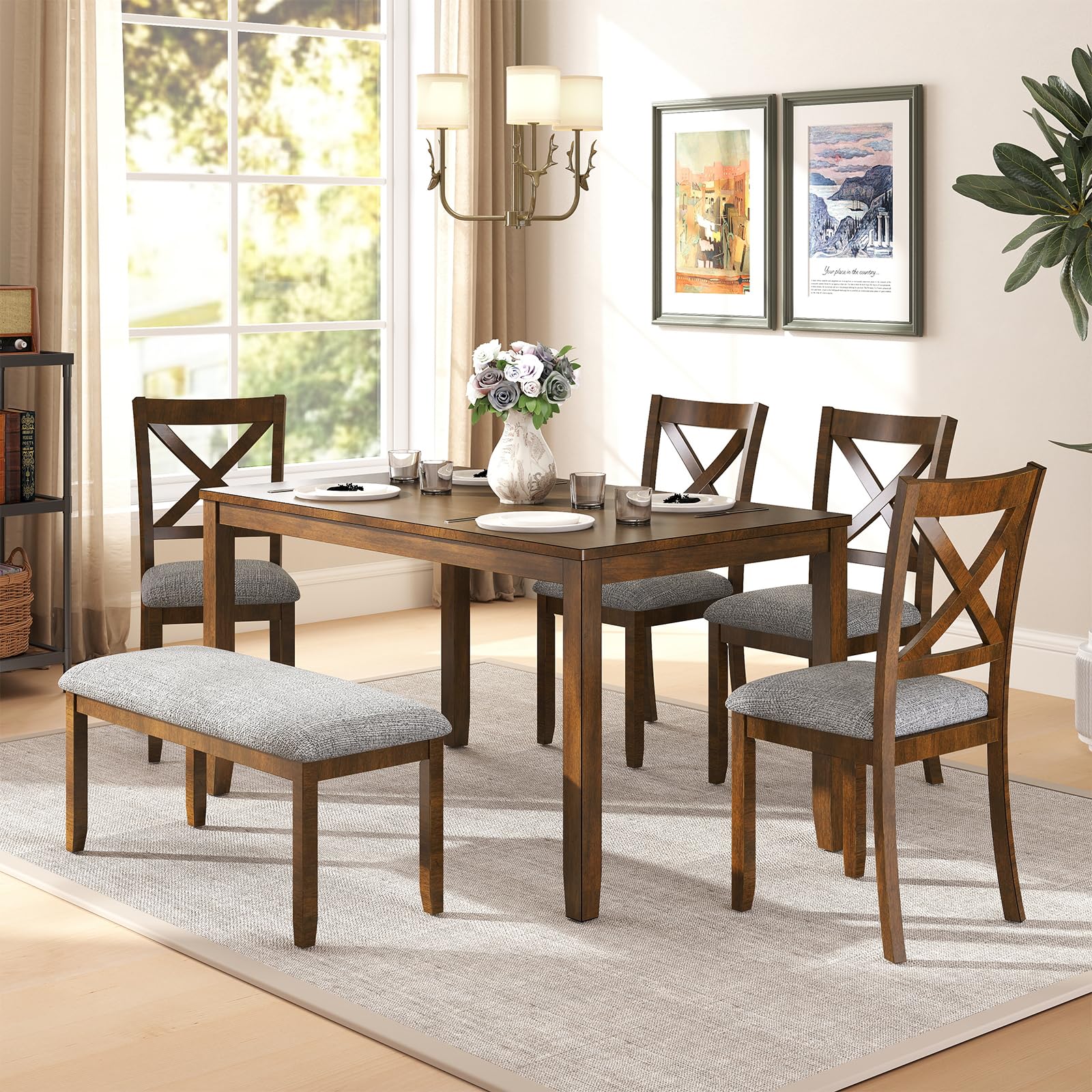 Photo 1 of ***ONLY CHAIRS*** Zevemomo 6-Piece Wooden Dining Table Set, Dining Table Set for 6, Including 1 Dining Table, 4 Upholstered Chairs and 1 Bench, Wooden Legs Dining Table, Table Set for Dining Room & Kitchen, Walnut