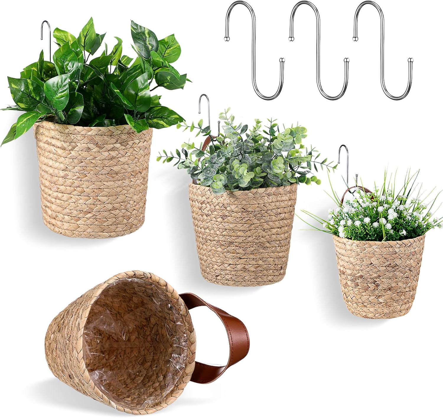 Amazon.com: Baderke 3 Pcs Woven Water Hyacinth Hanging Baskets Set Seagrass Wall Hanging Baskets ...