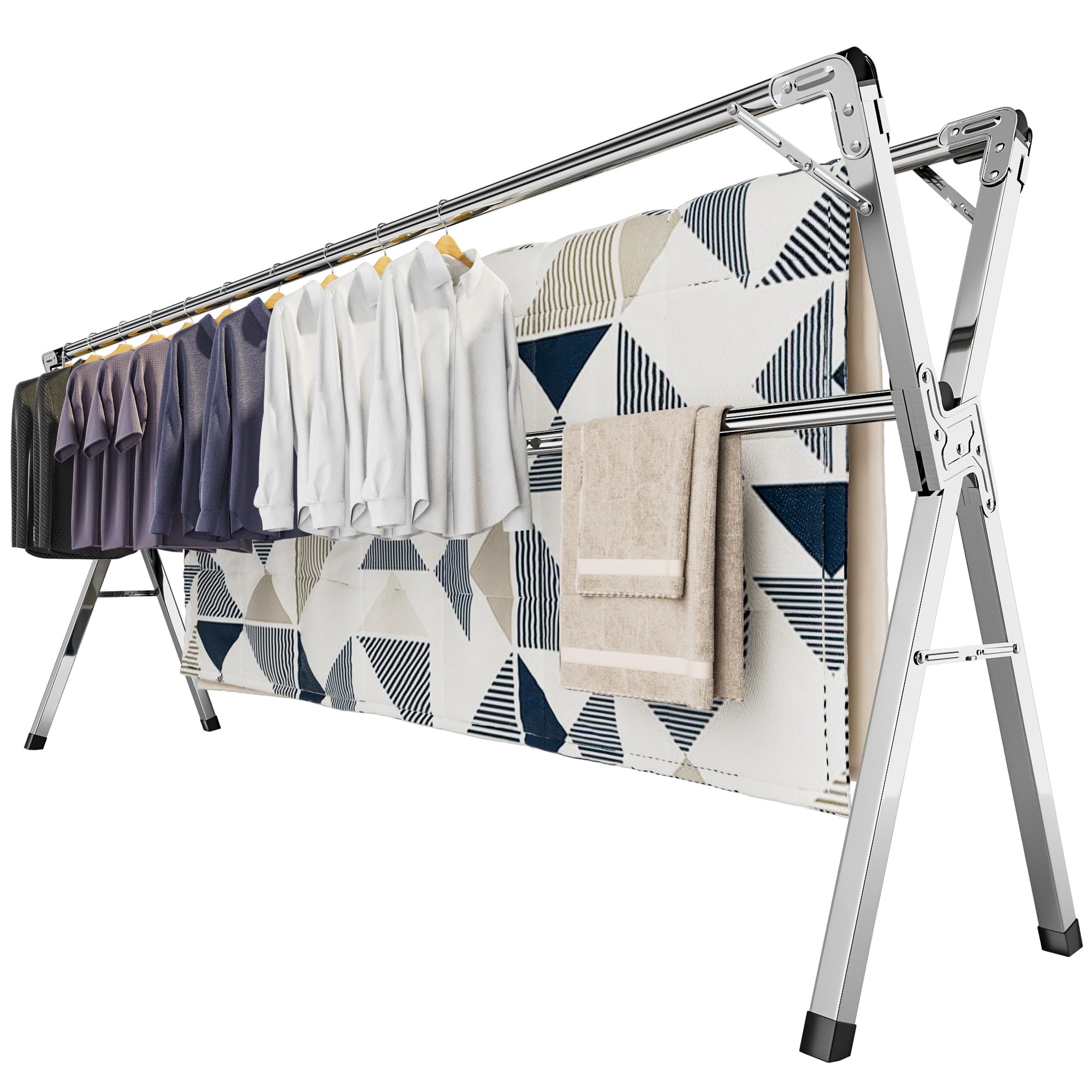 Wäscheständer aus Edelstahl klappbar, Wäschetrockner für Innen & Außen, verstellbar 140–240 cm, Jede Stange bis 60 kg belastbar, 40 Winddichte Kleiderhaken, großer Kleiderständer