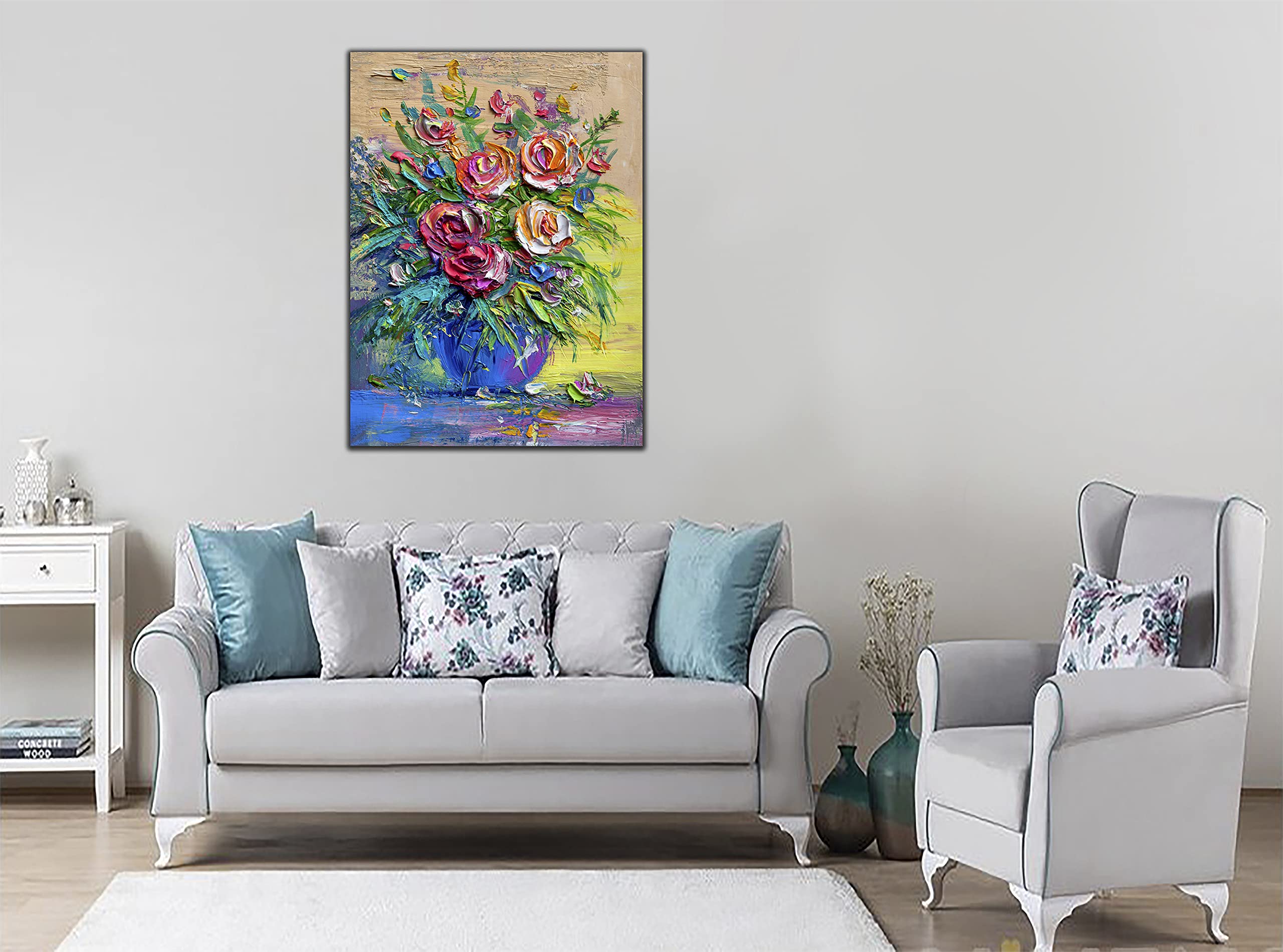 Abstrakcyjne kwiaty w wazonie obraz olejny reprodukcja na oprawionym płótnie sztuka ścienna dekoracja domu 102 x 76 cm - głębokość 18 mm