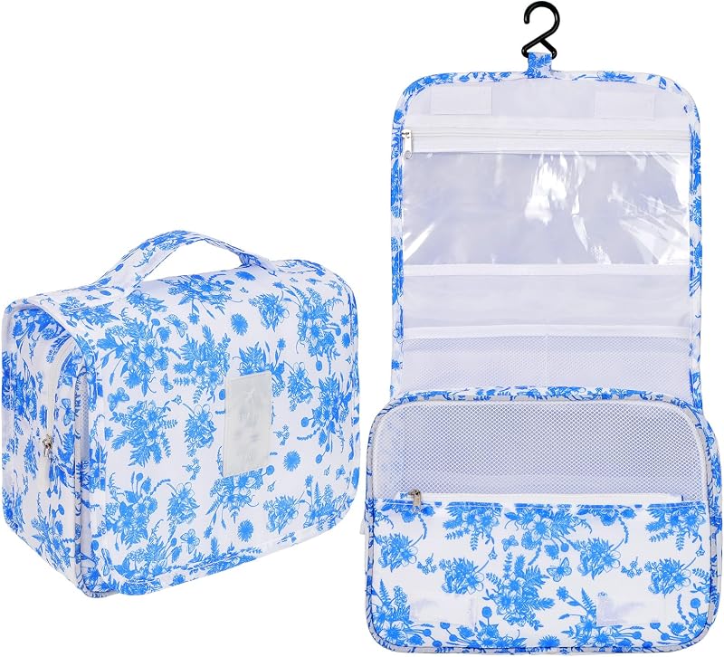 Necessaire suspensa Pengxiaomei floral, em nylon, azul e branco, com gancho e 4 compartimentos