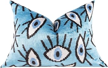 Canvello Handmade Velvet Throw Pillow - Blue Evil Eye Design, 16x24 Inches, Down Feather Filled, Luxurious Decorative Cushion for Modern & Bohemian Decor