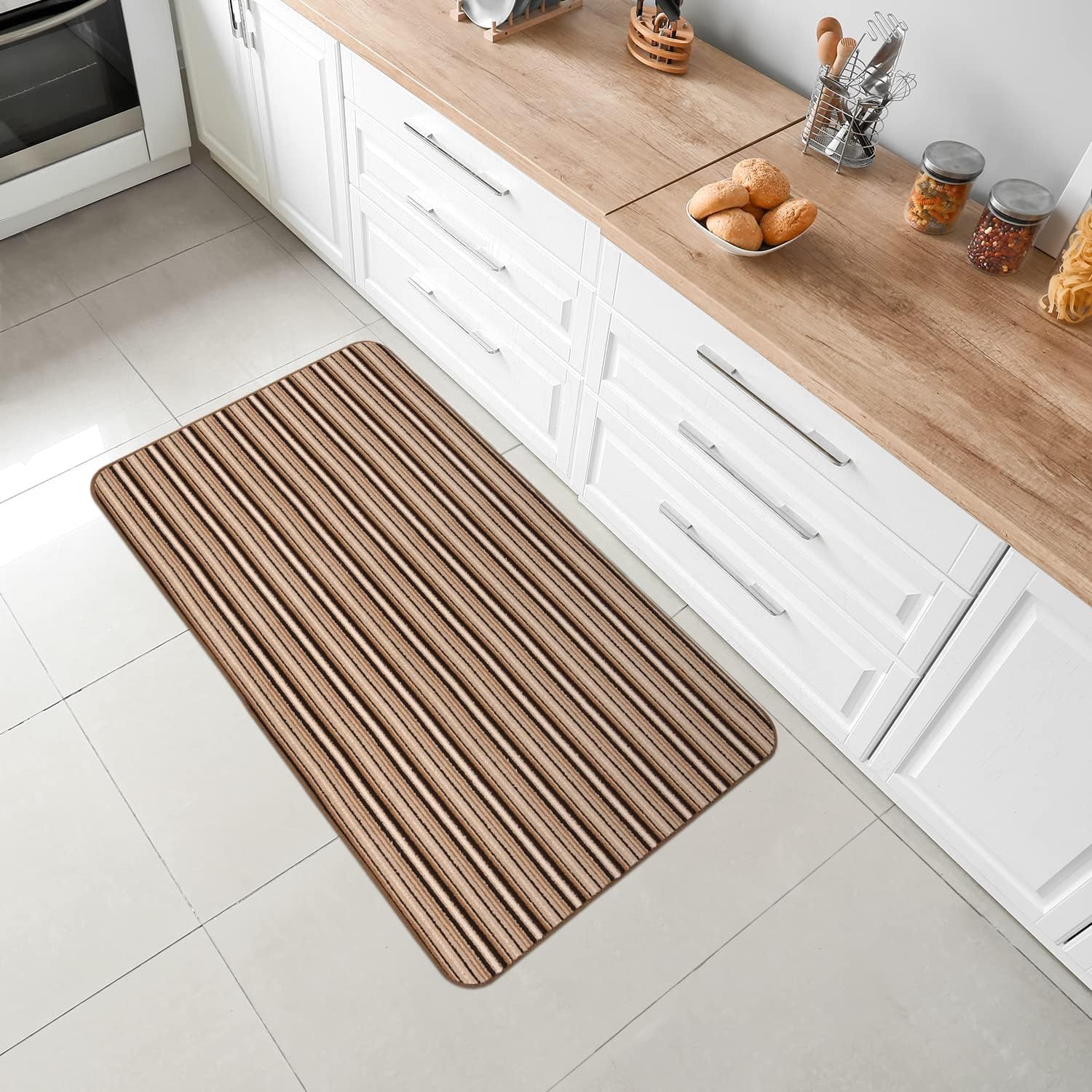 House, Home and More Skid-Resistant Carpet Indoor Area Rug Floor Mat - Mocha Brown Stripe - 3 Ft X 3 Ft - Non Slip Rubber Backing, Stain Resistant, Dog Friendly, Living Room Bedroom Kitchen Entryway