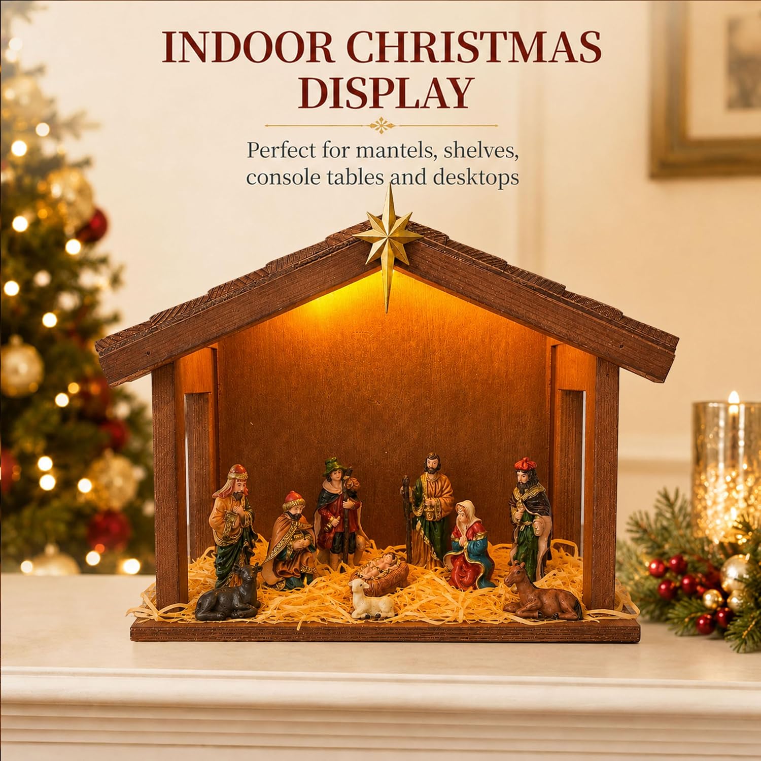 11PCS Nativity Set, Lighted Wooden Stable with Resin Figures