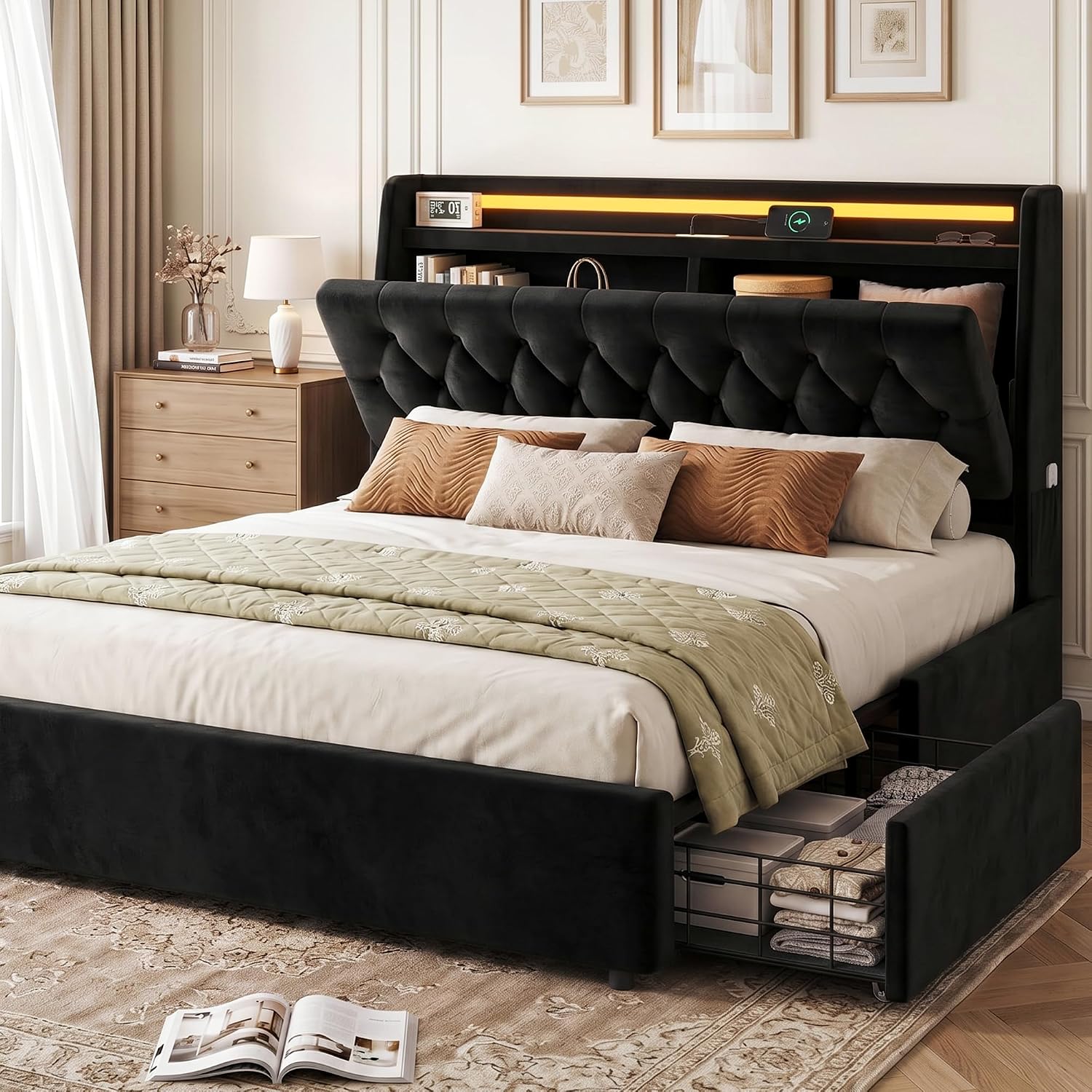 Jocoevol Full LED Velvet Bed Frame with 2 Storage Drawers&Hidden Headboard