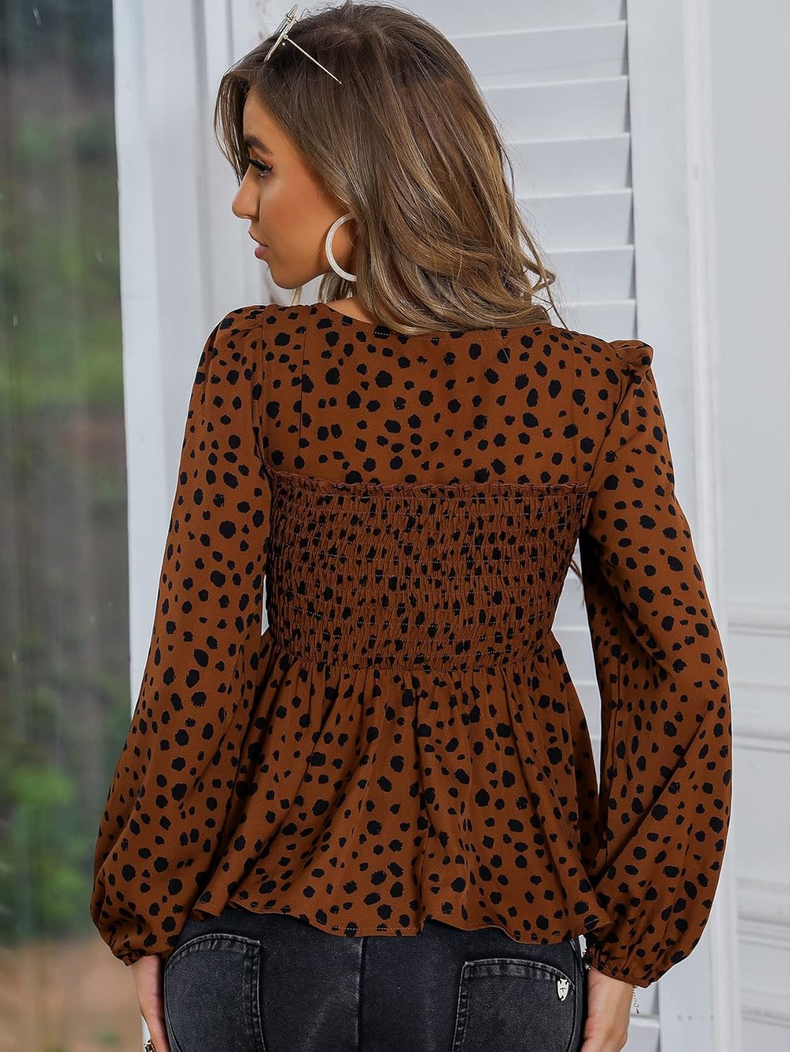 SweatyRocks Women's Leopard Print Square Neck Blouse Long Sleeve Shirred Peplum Top - Image 2