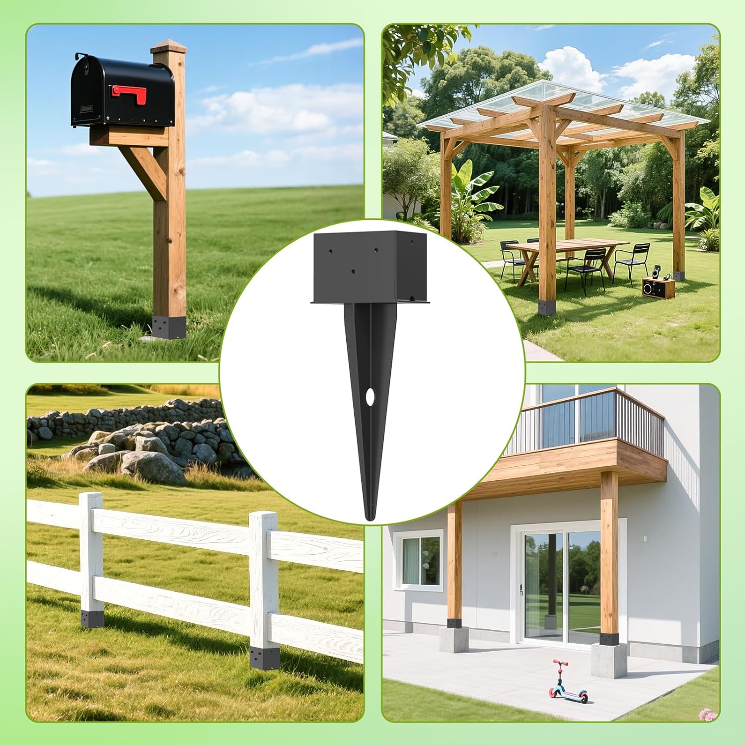 3 Pcs 4"x 6" Fence Post Anchor Ground Spike, 16.5" Heavy Duty Metal Fence Stake Post Bases (Inner Size 3.6"x5.6") with Black Powder Coated for Fence, Deck, Railing, Mailbox and Porch